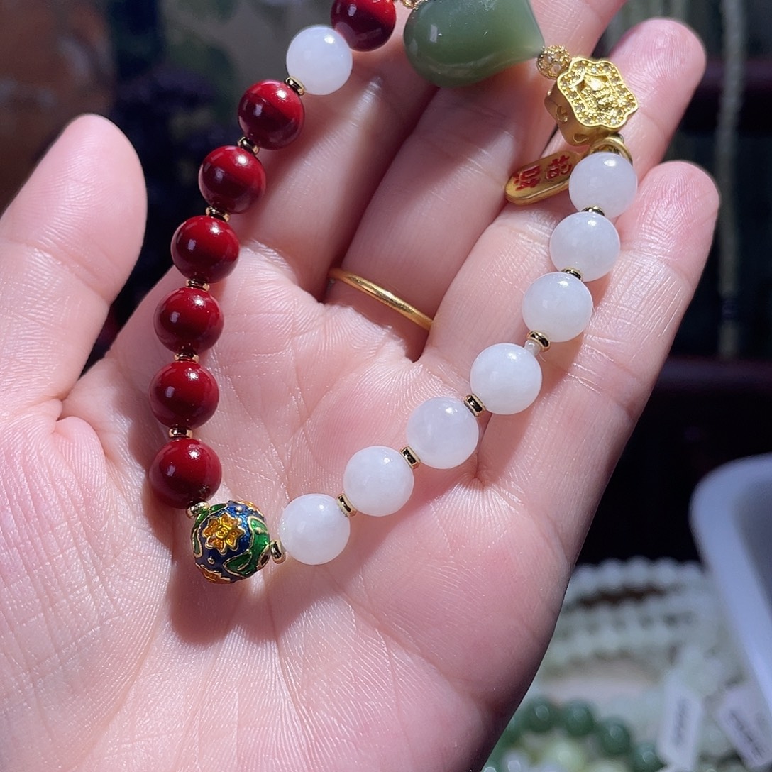 和田玉未镶嵌手串白玉+碧玉屁桃