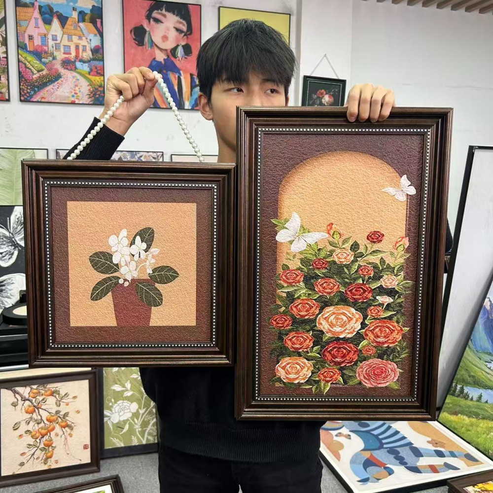 中古风玫瑰花束床头复古海上日出风景画卧室挂画4060装饰画S138印