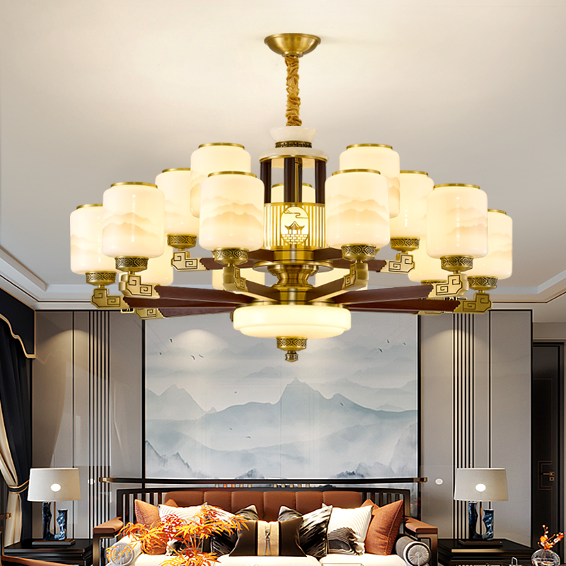 福灯堡中式吊灯铜+沙比利木餐厅吊灯客厅家用大气大厅别墅新中式