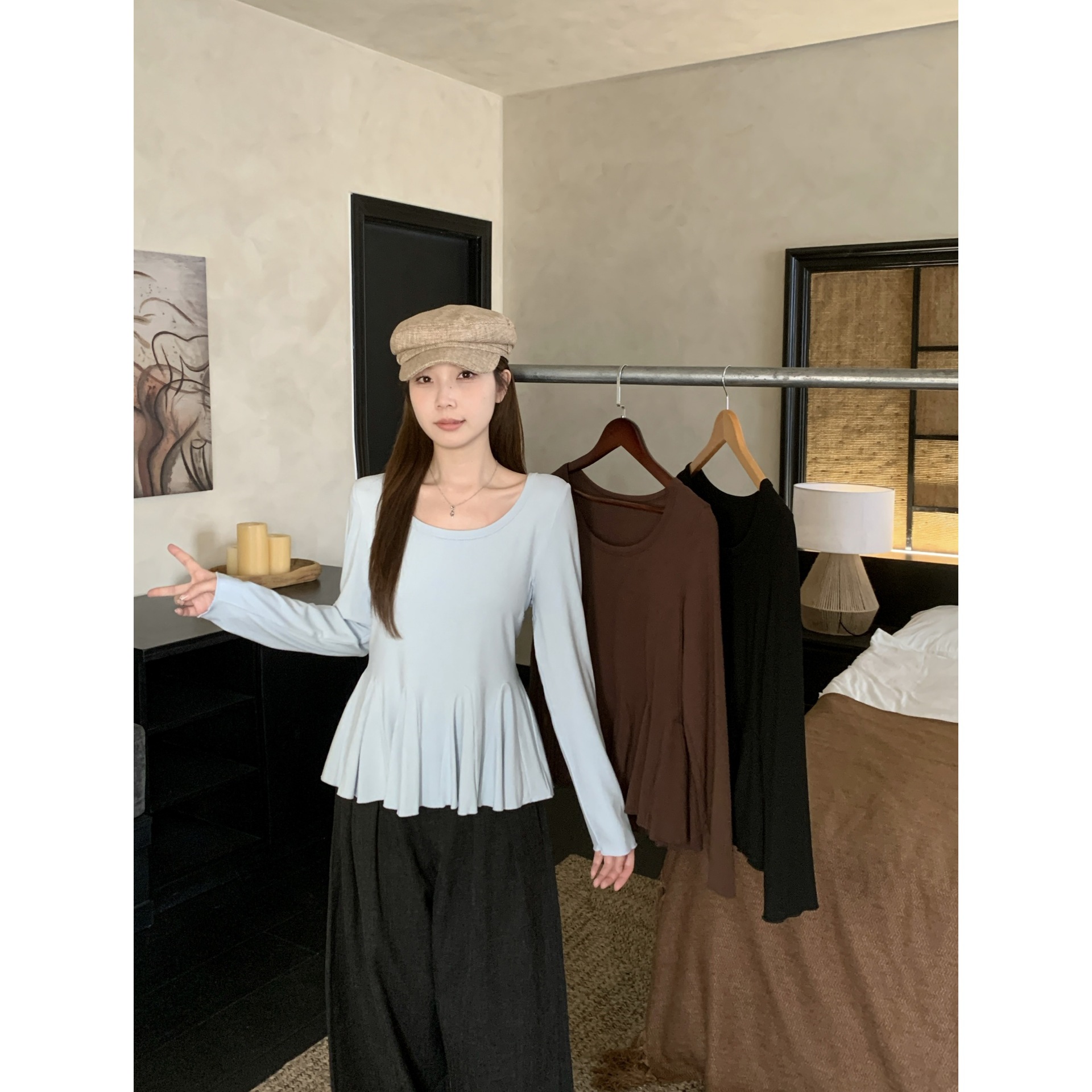 清2025秋季款胖mm大码女装纯欲收腰显瘦T恤不规则荷叶边上衣80145