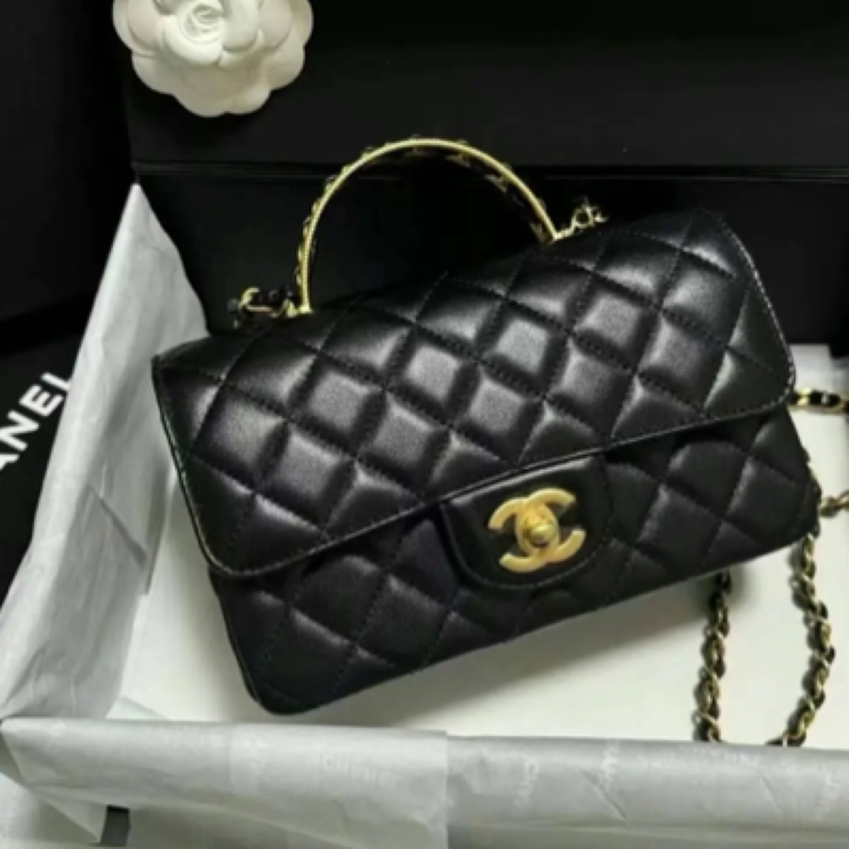 99新 Chanel/香奈儿 艾瑟尔奢品/23k黑金手柄mini cf单肩包/kn9l