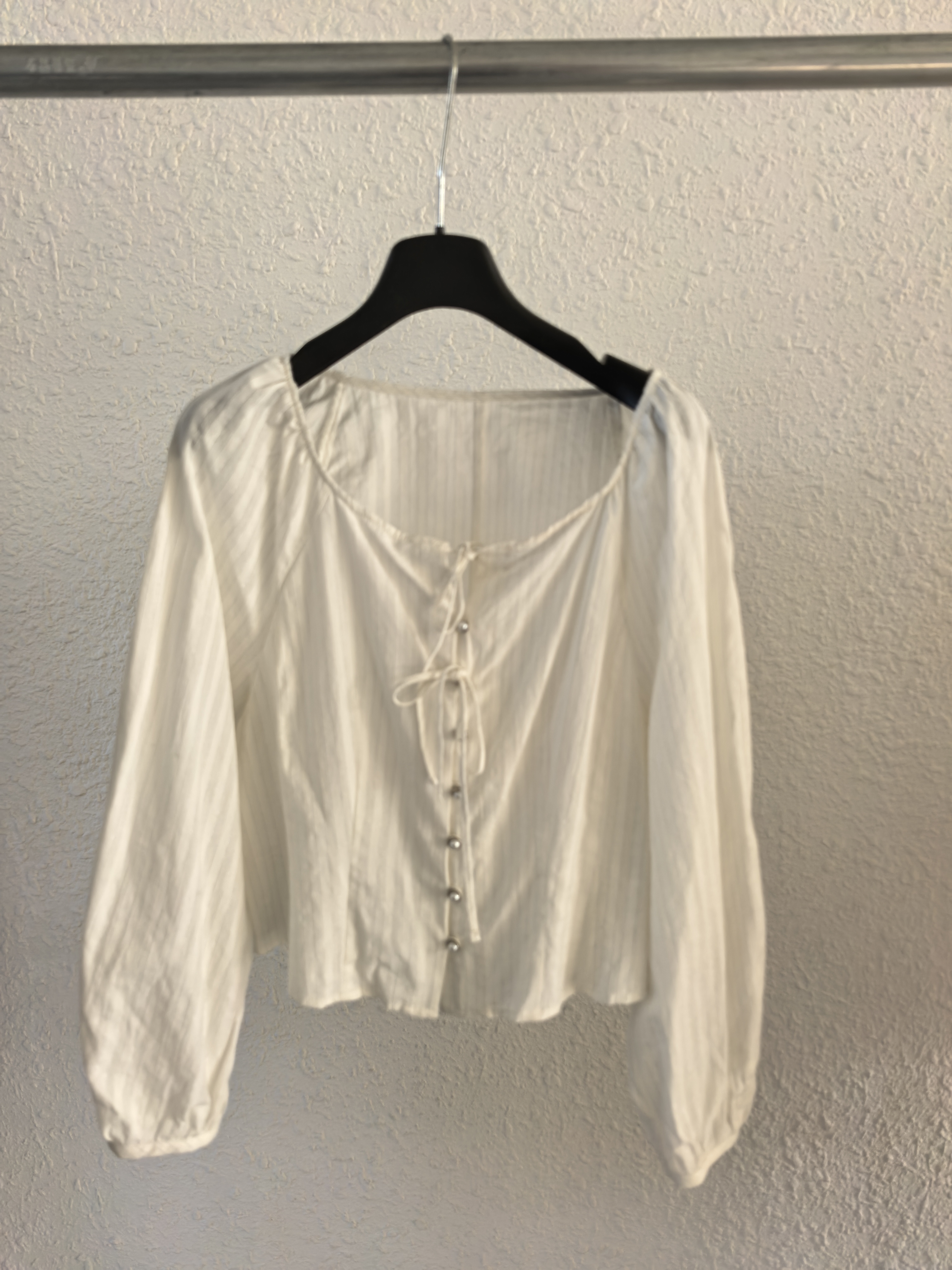 闪闪兒 LEUVRE夏棉布暗条纹女衬衫系带长袖衬衫11010