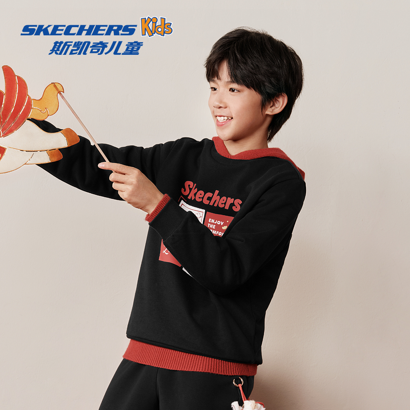 跃动新春系列冬季童装马年时尚印花红色卫衣