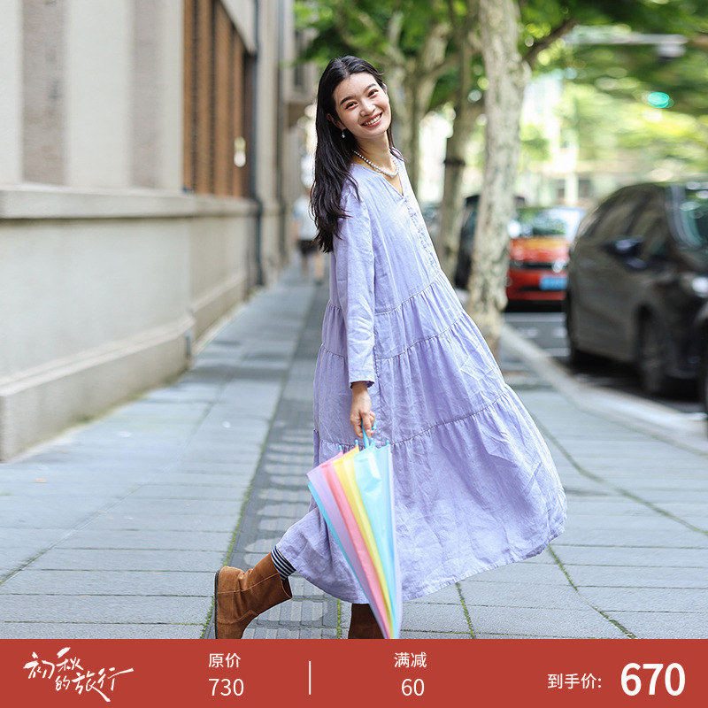 绽放旅行女装513朵/砂洗亚麻V领半开襟正常肩长袖蛋糕型连衣裙秋
