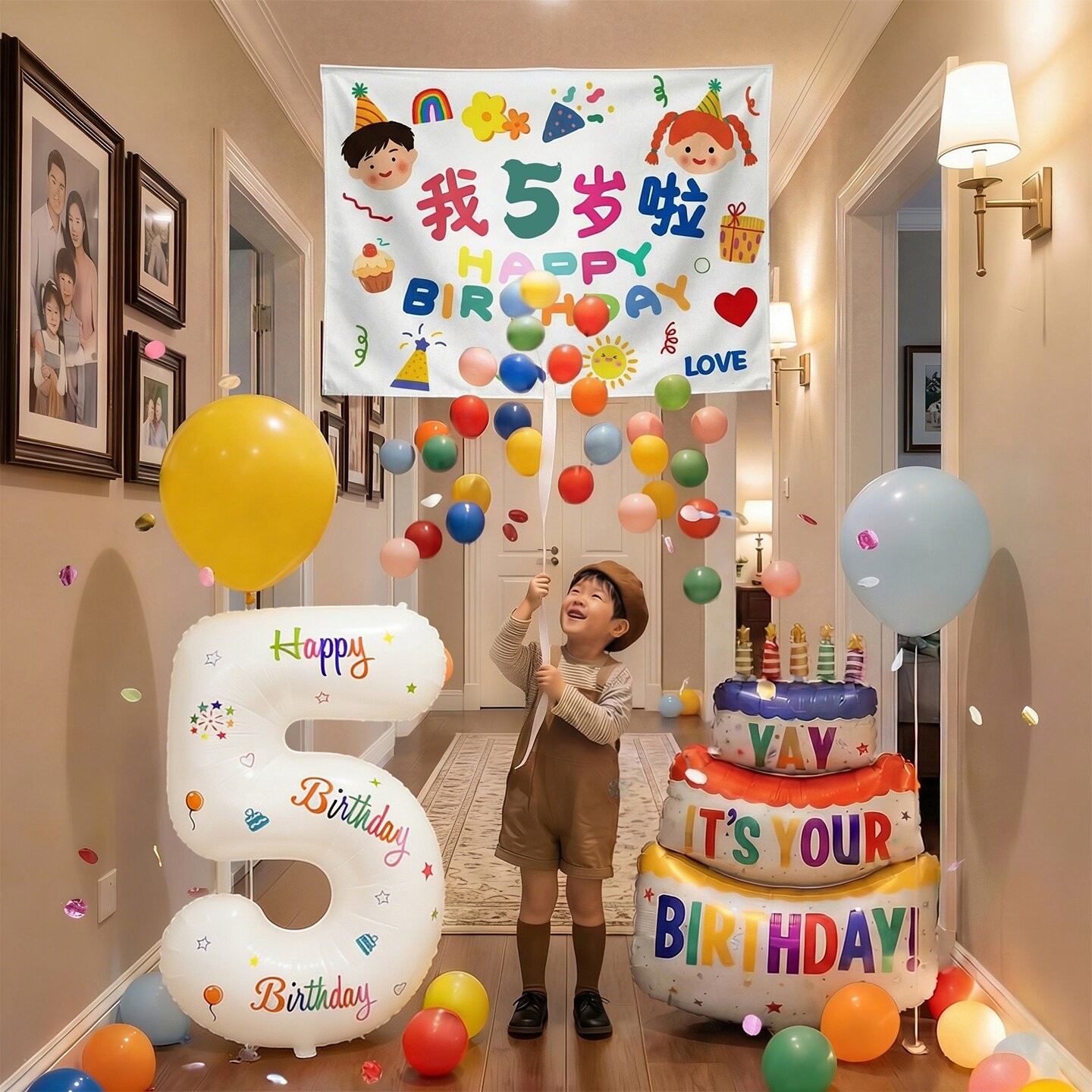 儿童生日气球雨拉绳布置套装饰场景宝贝仪式感派对创意购买背景布商品图