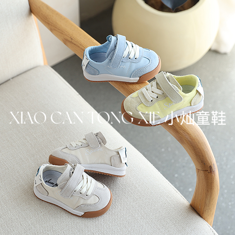 春夏款男女童防滑软底魔术贴休闲鞋运动鞋时尚板鞋真皮德训鞋