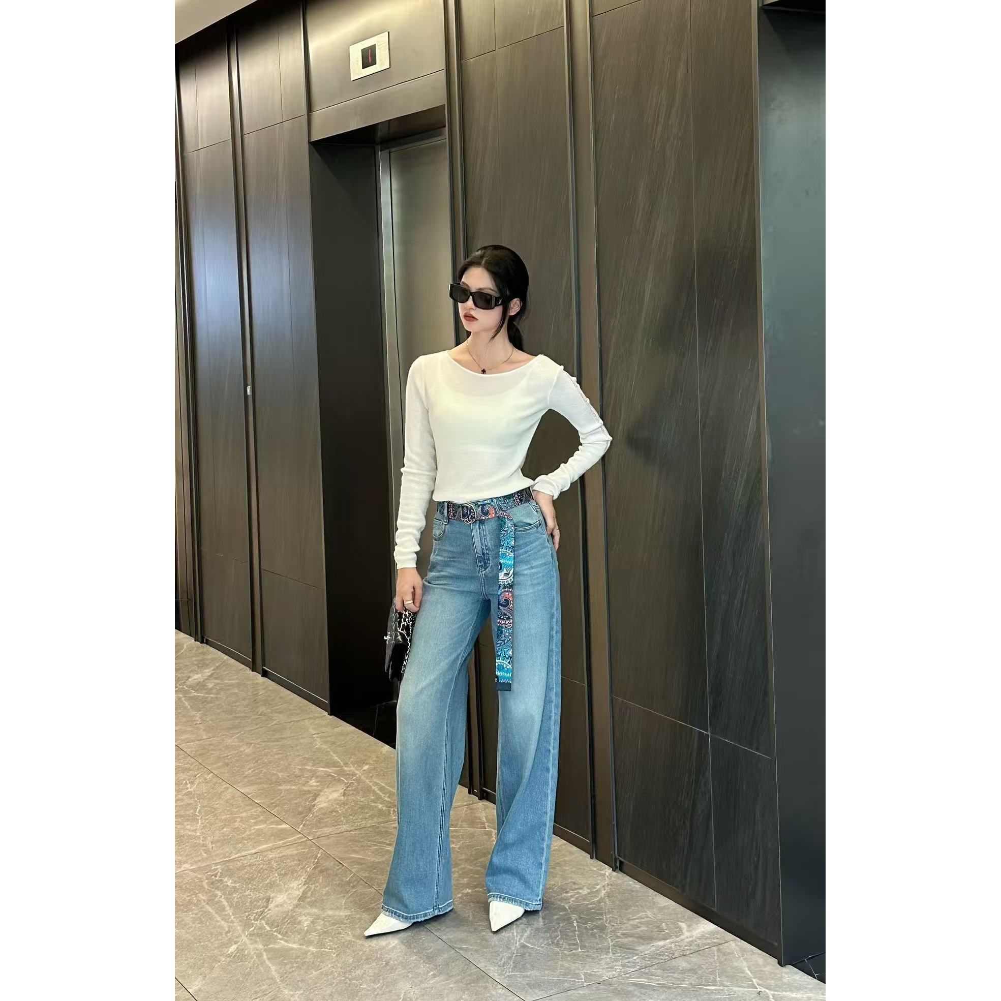 Mozch  超柔软水洗棉复古蓝印花腰带直筒牛仔裤【长103】33578