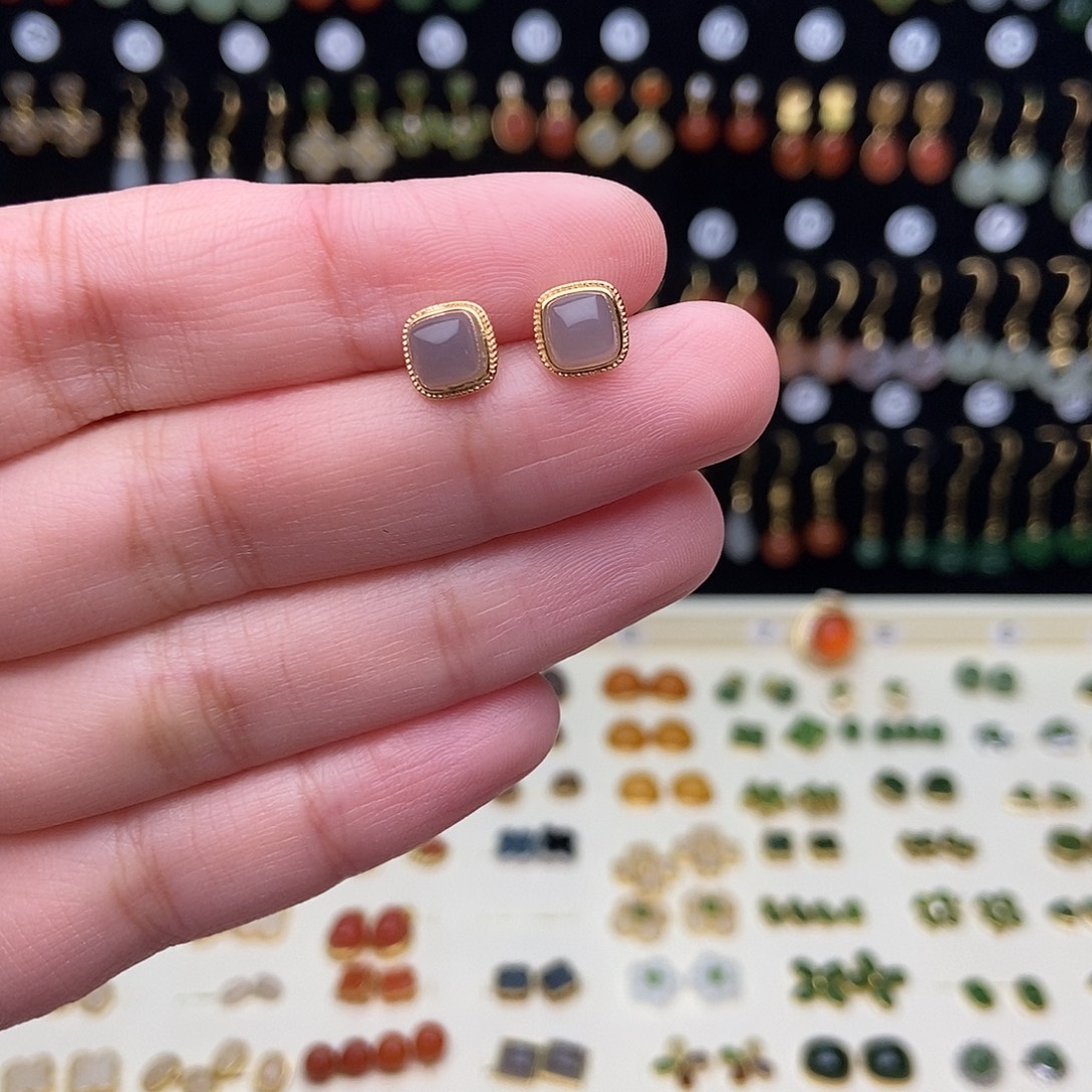 和田玉银S925镀金镶嵌耳饰