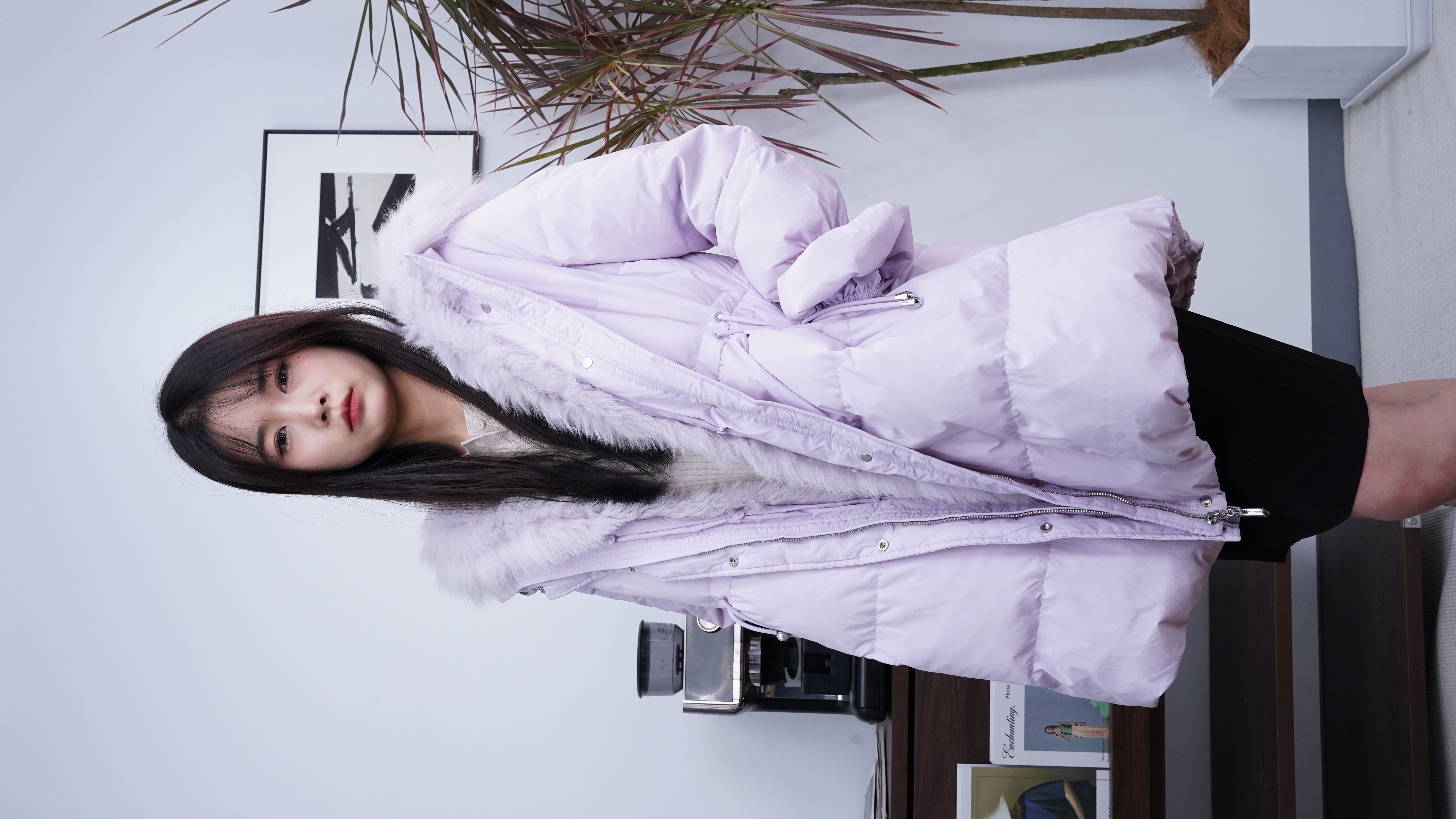 原单2025商场同款冬季淡紫色收腰连帽狐狸毛条羽绒服长款保暖外套