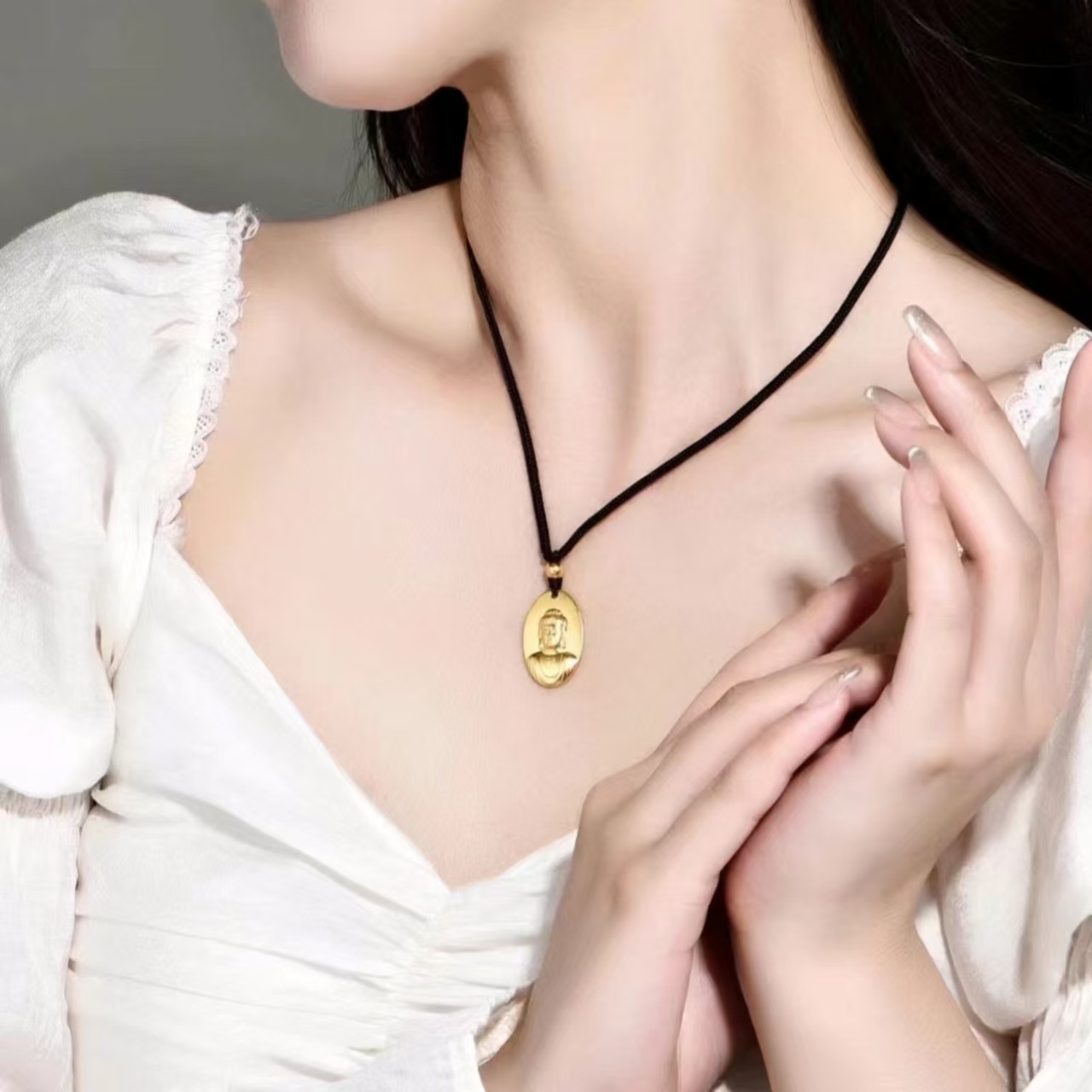 合金吊坠 金色古法椭圆形佛牌男女挂坠如来佛祖黑色挂绳项链坠链