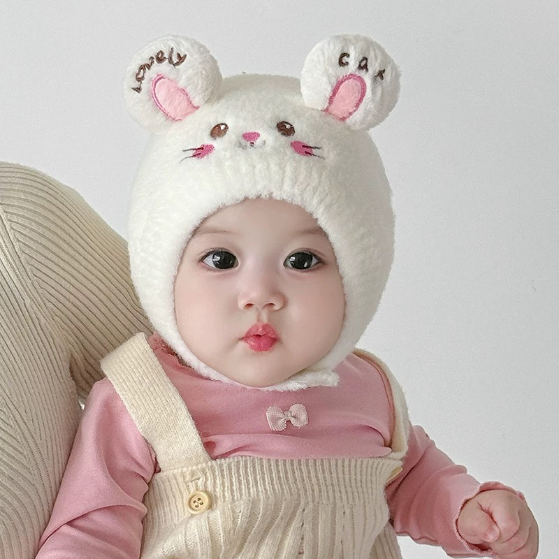 婴儿帽子冬季加厚保暖毛绒针织护耳可爱小兔超萌小月龄宝宝包头帽