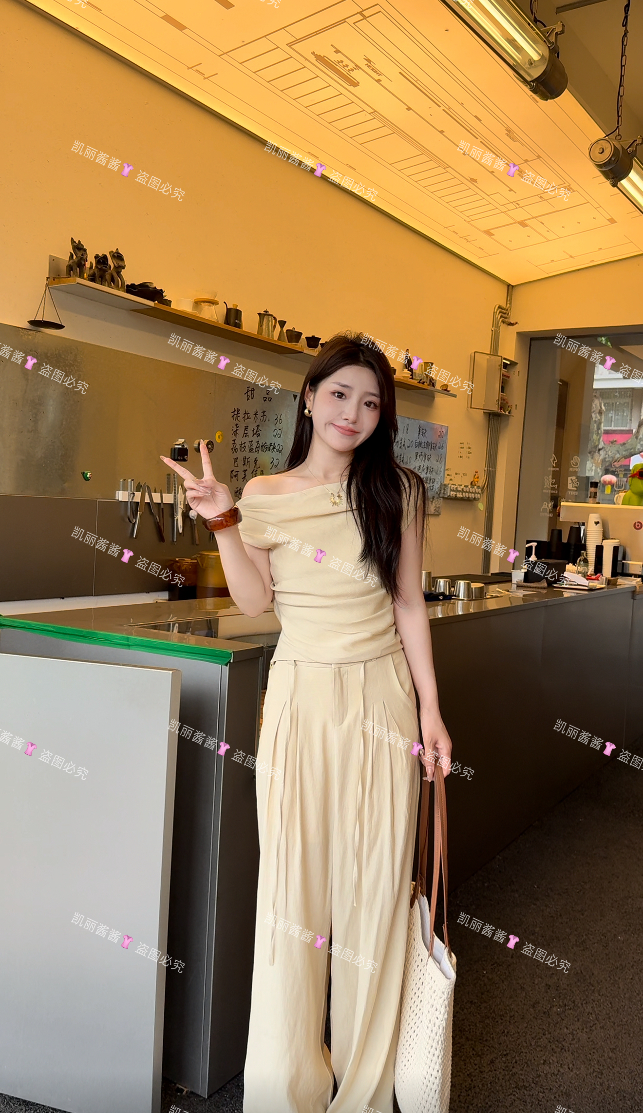 【秋岁时】斜肩短袖T恤高腰显瘦阔腿裤女度假风天丝亚麻套装