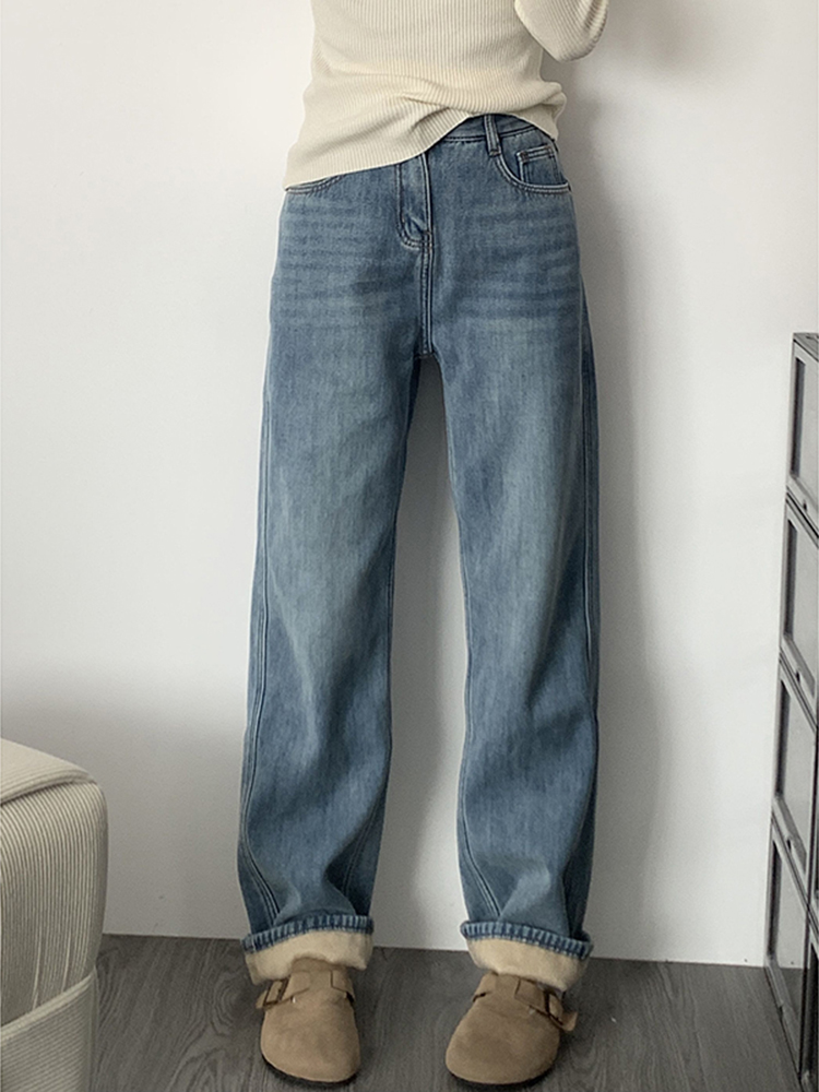 300斤大码胖mm直筒加绒牛仔裤女冬季新款裤子梨形身材显瘦阔腿裤