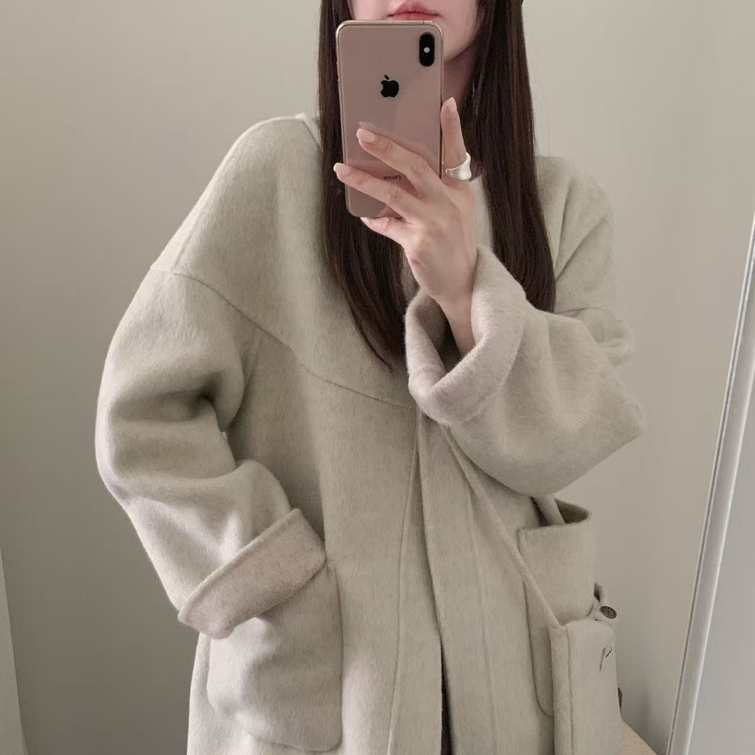 高级感秋冬双面大衣女款圆领中长款宽松毛呢外套