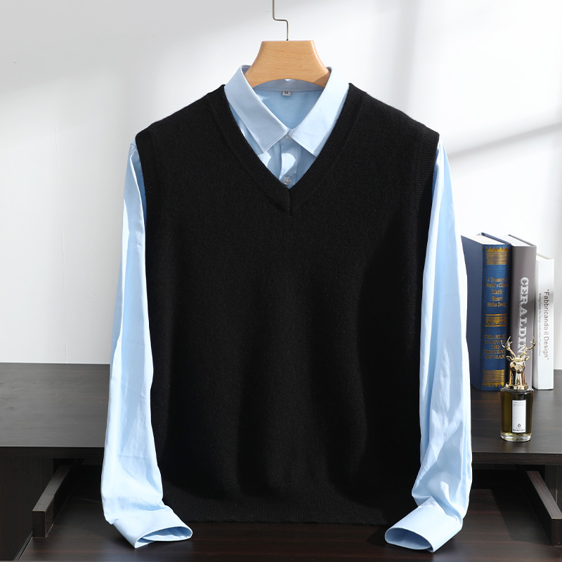 【MUFENGYI】100%纯山羊绒虚提V领260克男士秋冬时尚针织纯色背心