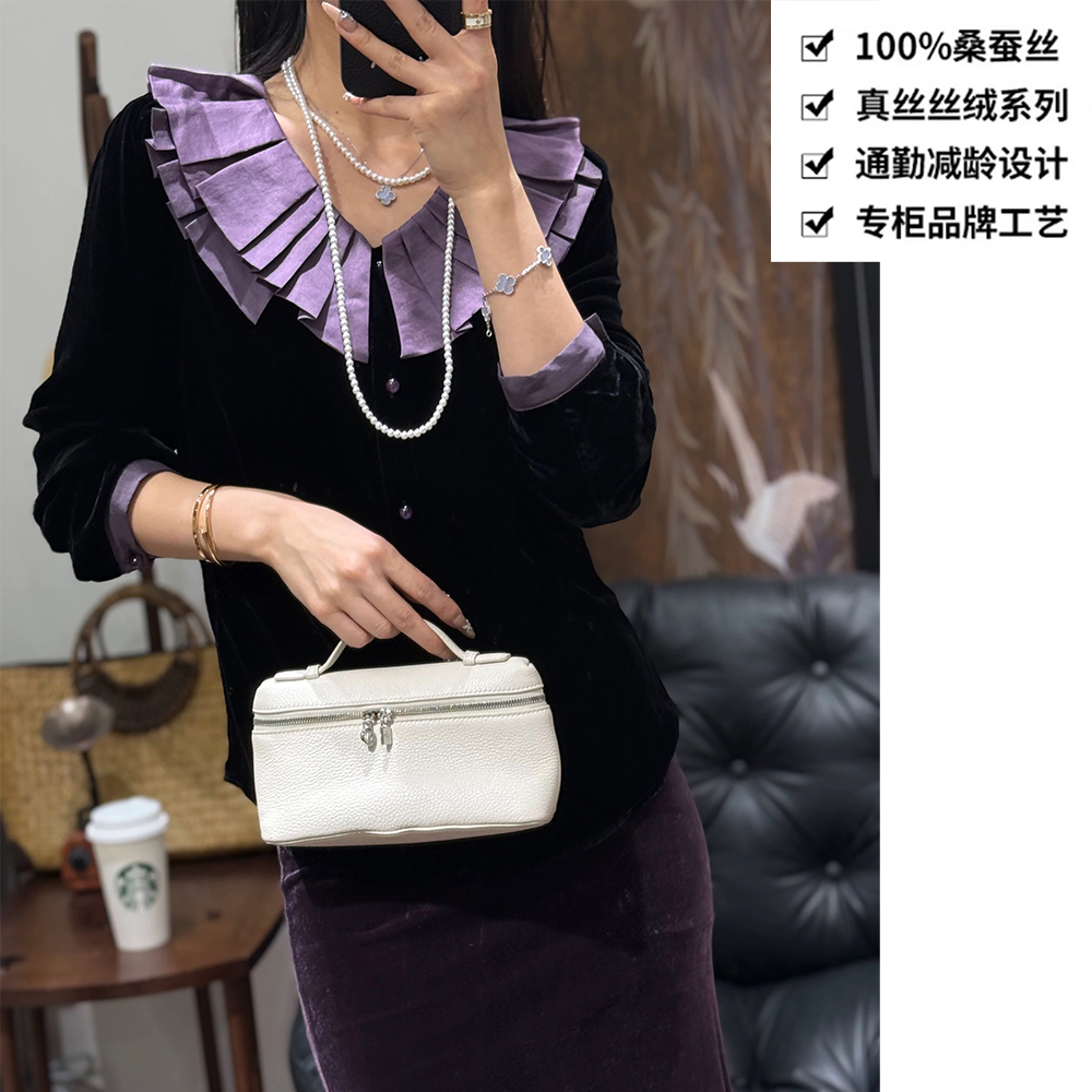 100桑蚕丝丝绒娃娃领海军风时尚撞色真丝丝绒衬衫外套ZKA50紫色