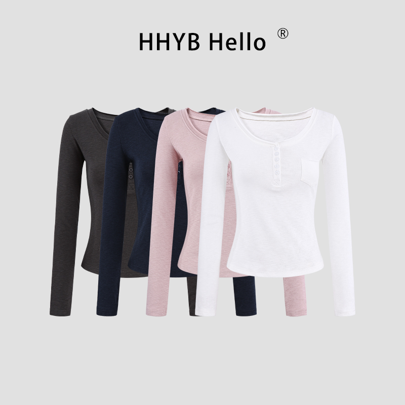 HHYB Hello纯欲修身长袖V领打底衫小个子百搭气质T恤女250966