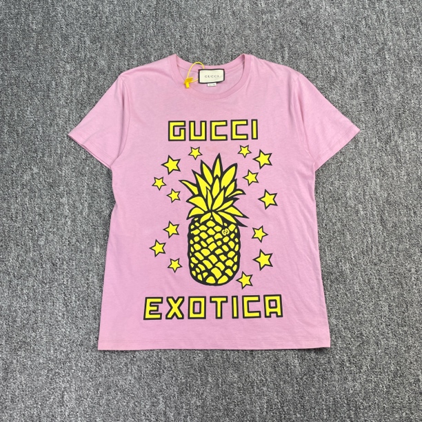 99新 GUCCI/古驰 5309/粉色logo菠萝字母印花短袖T恤/XS码/98新