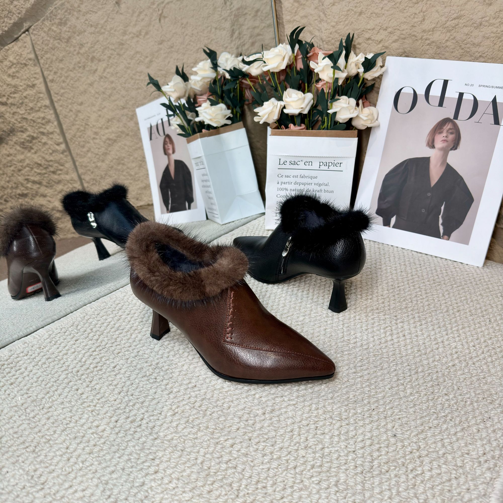 【森莱美】破茧成蝶/羊皮/秋冬新款貂毛法式气质尖头毛毛鞋/8905