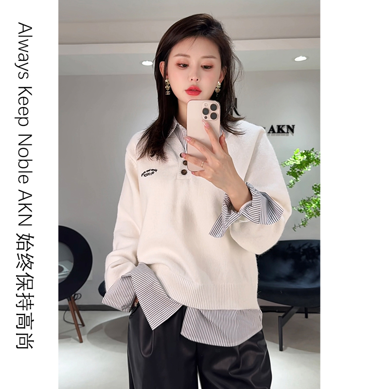艾珂妮3003【假两件毛衣】学院风衬衫领假两件拼接纯色毛针织衫