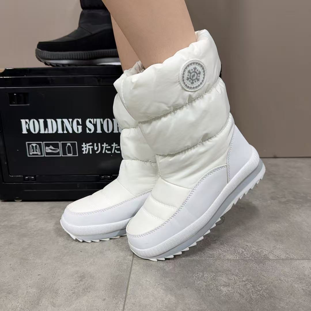 防滑纯色侧拉链中筒时尚雪地靴情侣鞋棉靴休闲高帮黑色