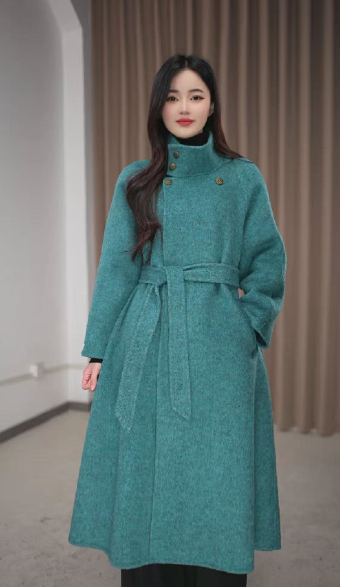 毛呢直下摆毛呢外套绿色呢大衣中长款百搭纯色女长款