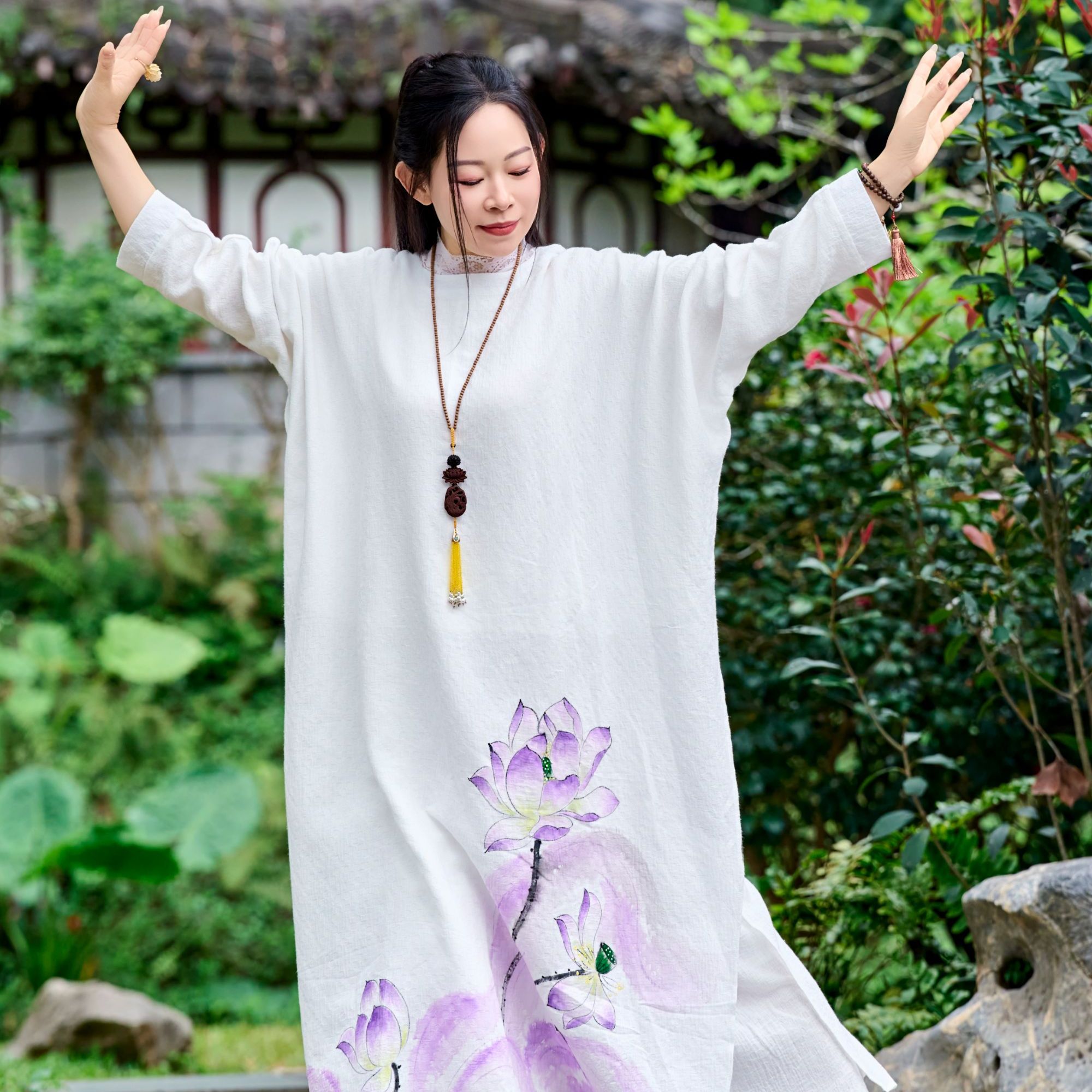 [仙子汇]春夏新款高级中式国风禅意禅服白色棉麻印花禅服禅舞套装