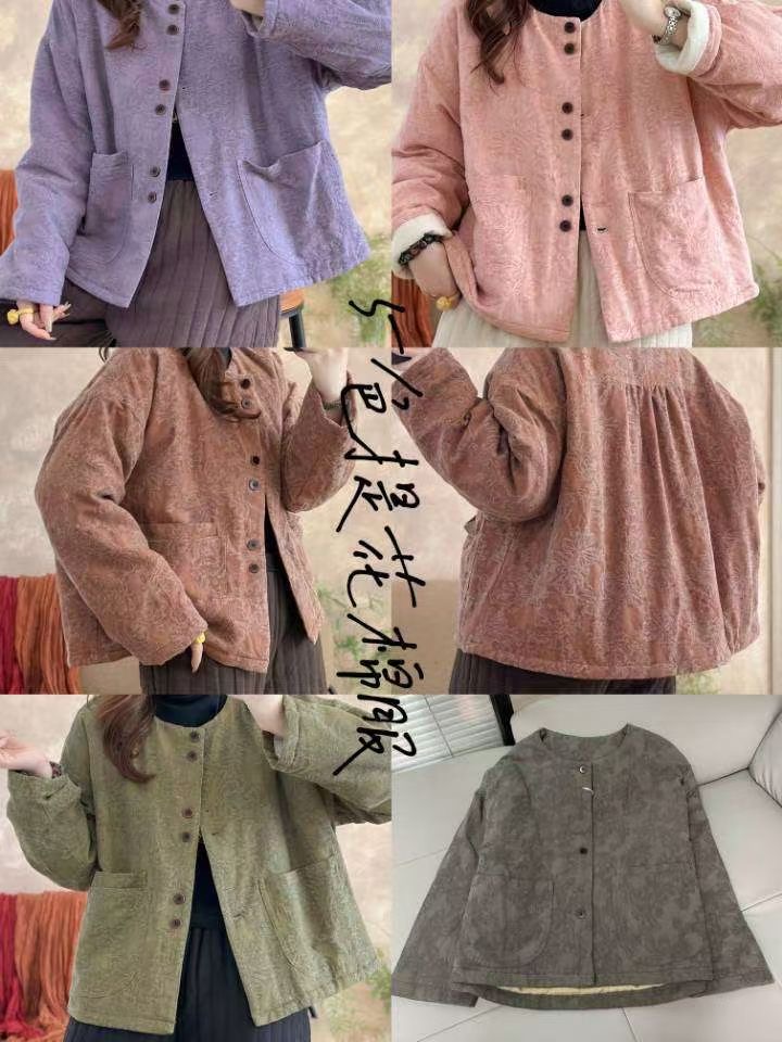 2025亚麻提花圆领夹棉棉服外套秋季新款时尚百搭休闲复古女