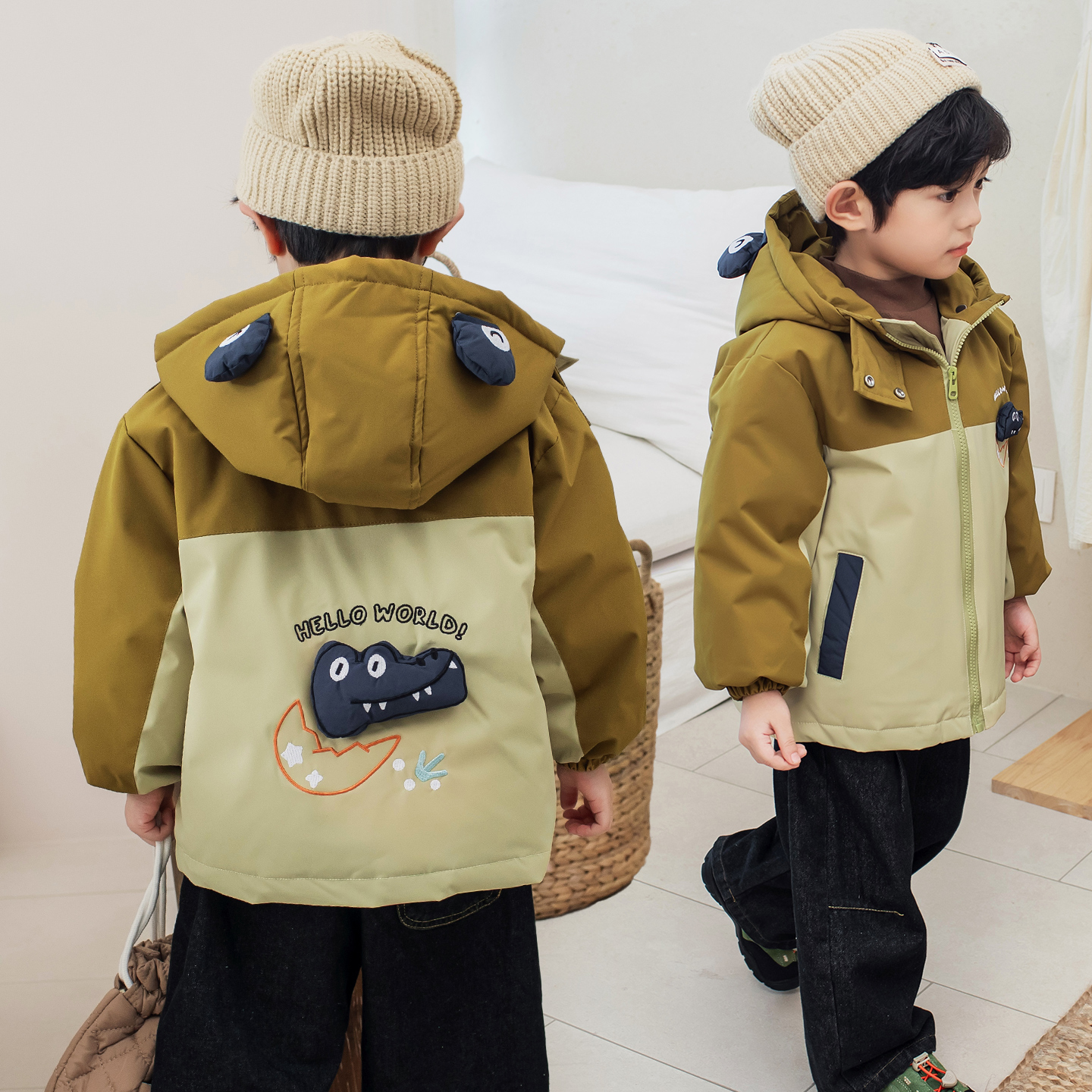 冬款韩版中小童男童休闲派克风加厚连帽羽绒服外套