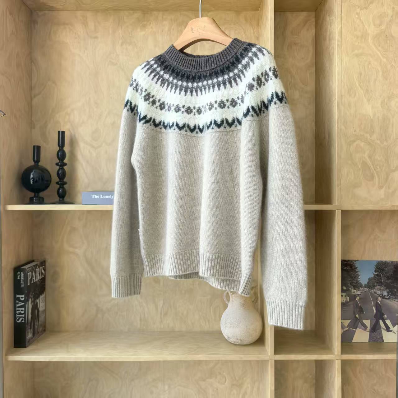 72835经典慵懒风复古费尔岛提花加厚宽松山羊绒衫