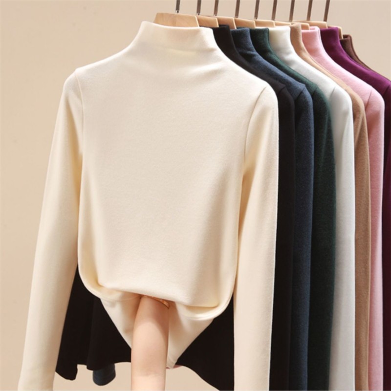 秋冬打底衫女双面德绒加绒加厚半高领内搭女士保暖长袖上衣女外穿