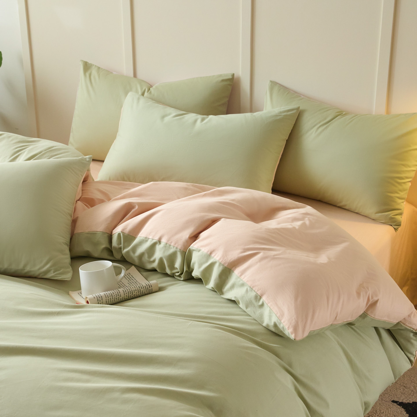 【100%全棉】新品全棉斜纹13372纯色双拼四件套简约学生四季