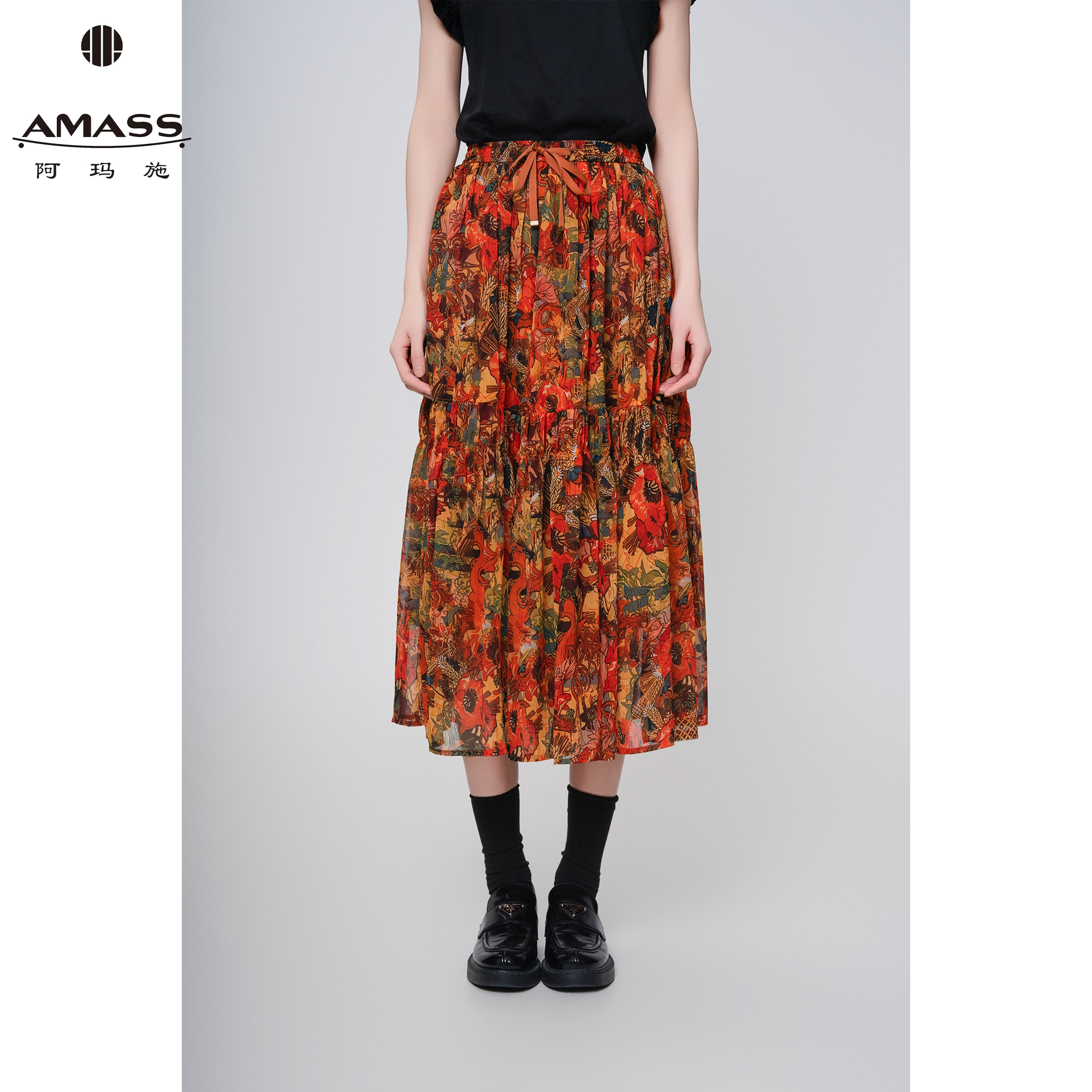 AMASS/阿玛施新款精致百搭高腰显瘦印花绑带松紧腰半身裙 5200408
