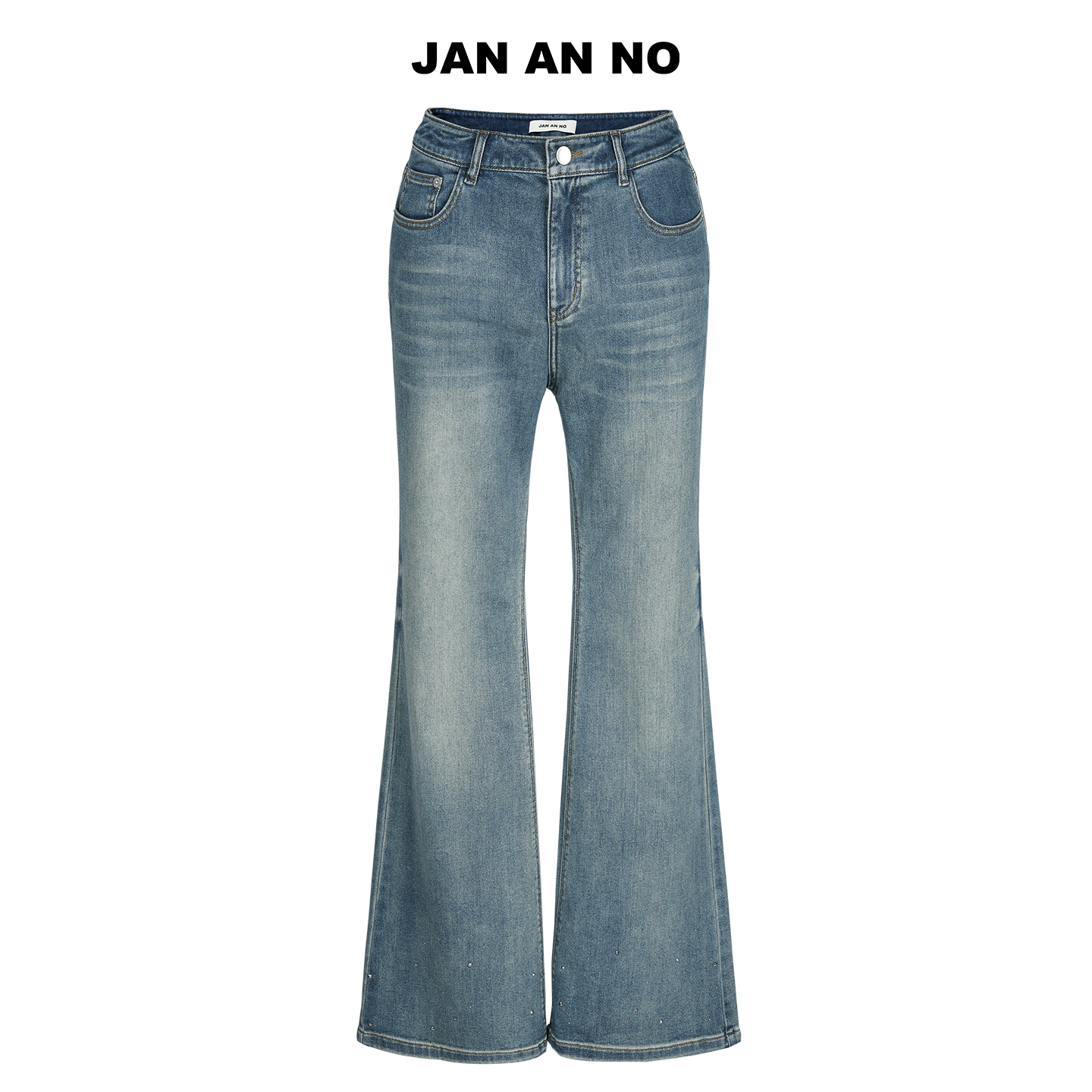 【达人专享】JAN AN NO 百搭休闲蓝色烫钻微喇牛仔裤秋季J2570012ZK