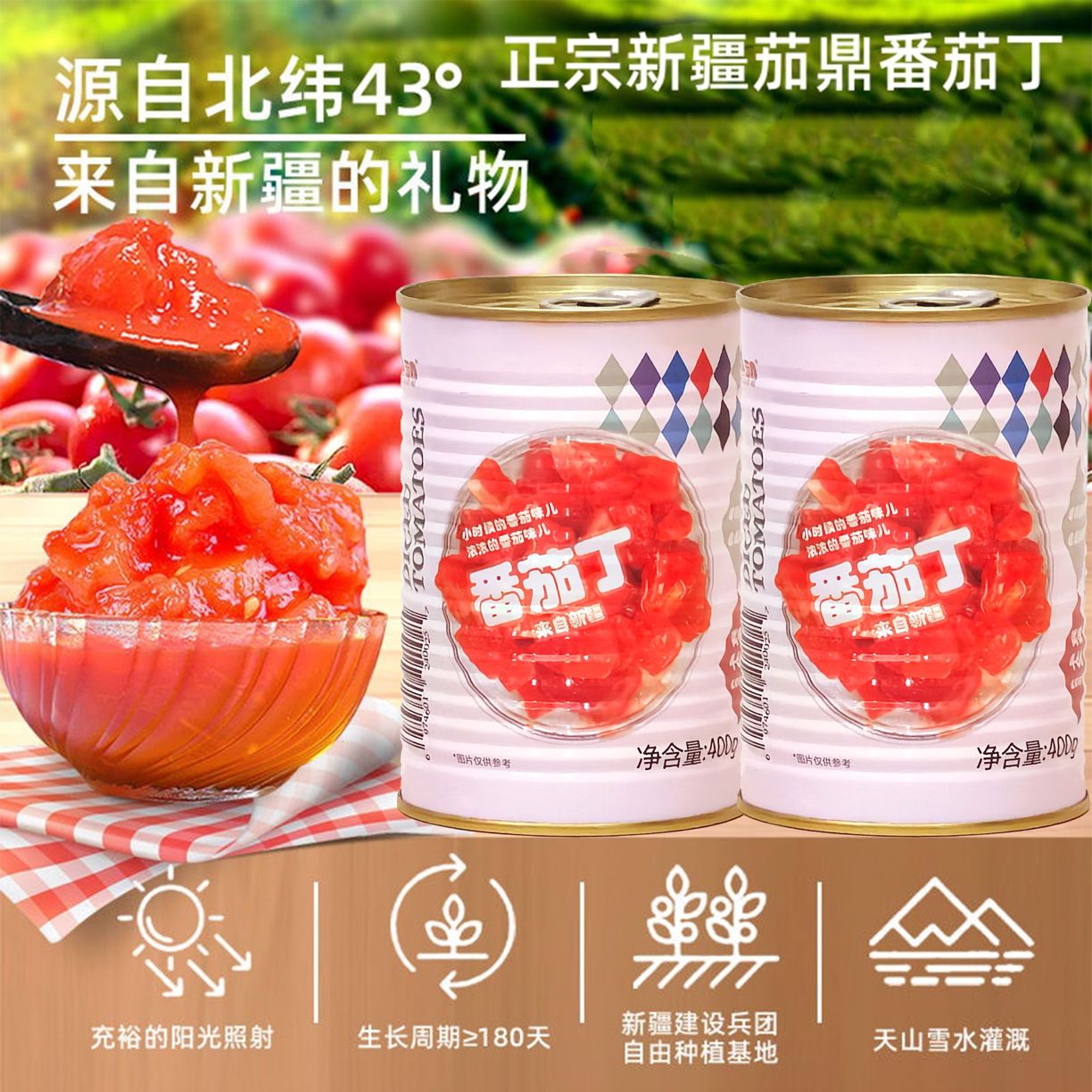 新疆露天自然熟 番茄丁400克/5罐（大田地露天自然熟）