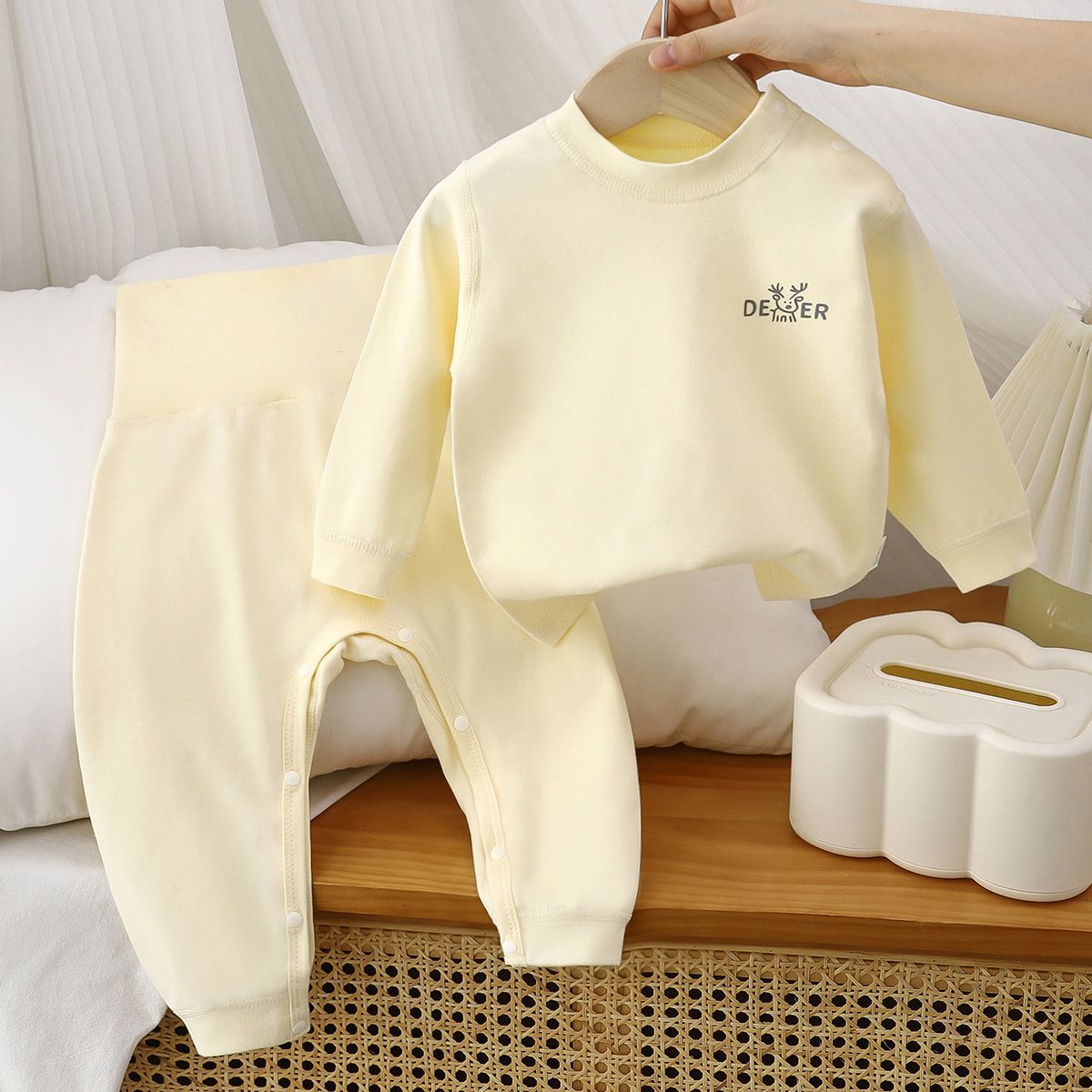 宝宝分体免脱裤套装纯棉无骨长袖高腰护肚裤婴儿春秋打底秋衣秋裤