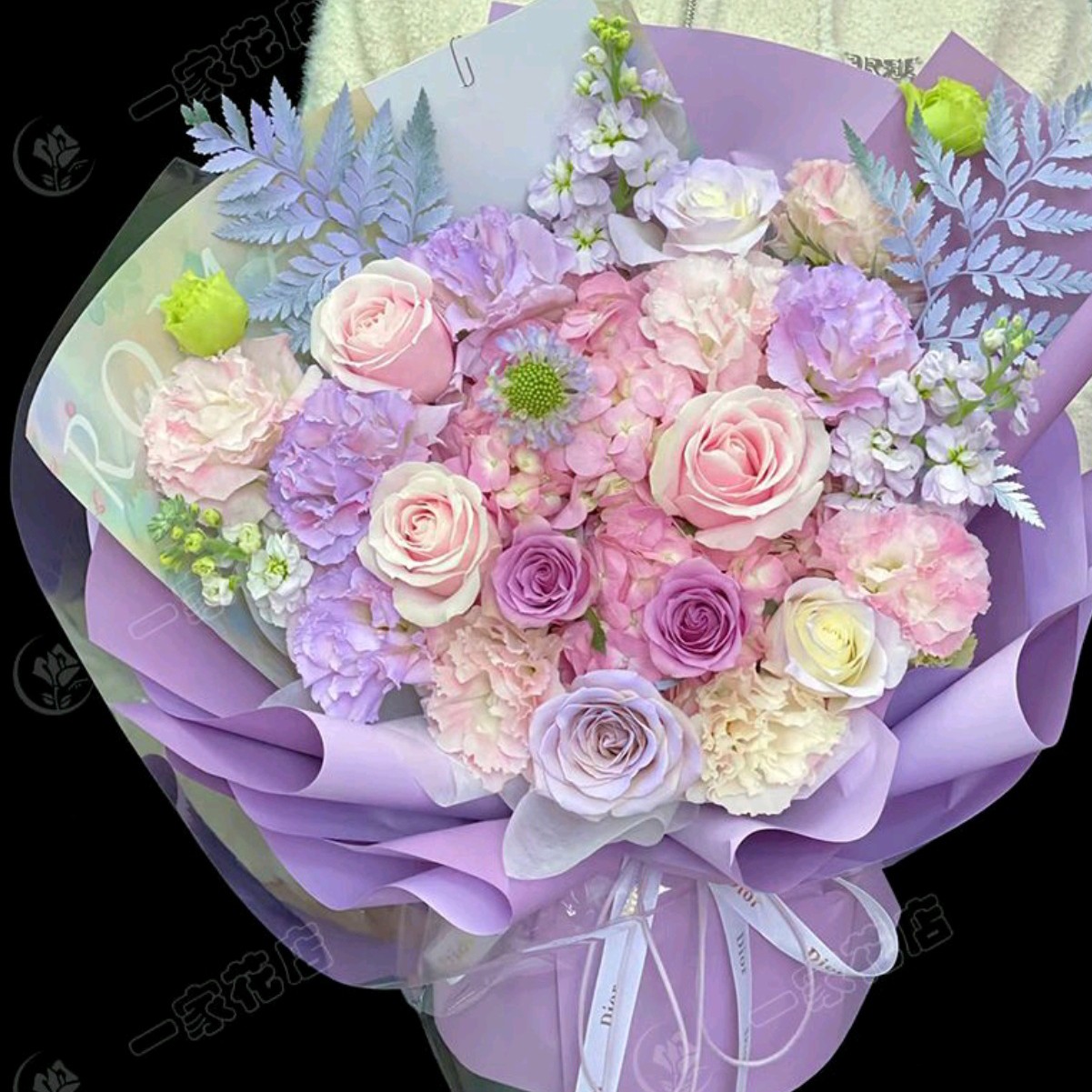 【Forever Love】粉玫瑰紫玫瑰混搭绣球花鲜紫白绿色系女神节礼物送爱人女友花店送花绿玫瑰