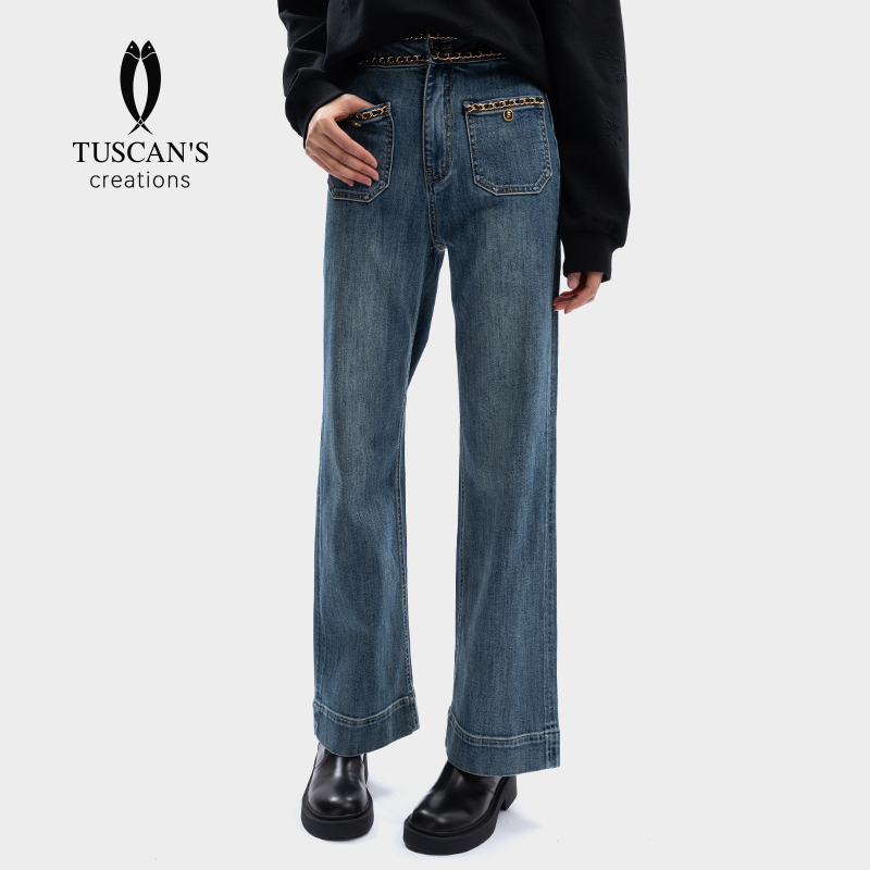 TUSCAN'S CREATIONS日常休闲百搭薄款小香风皮穿链高腰女款牛仔裤