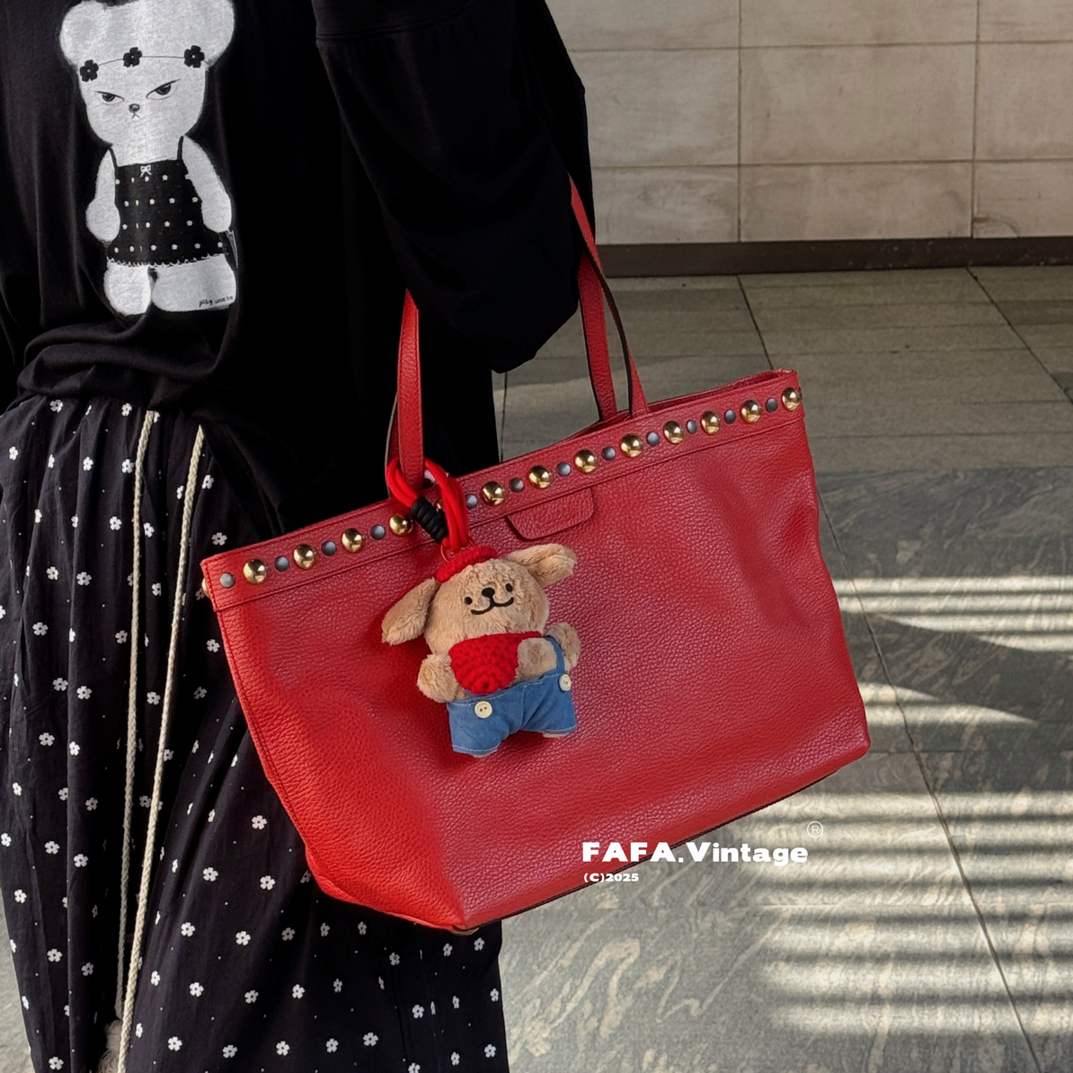 95新 GUCCI/古驰 發發中古·红色牛皮金属铆钉托特包