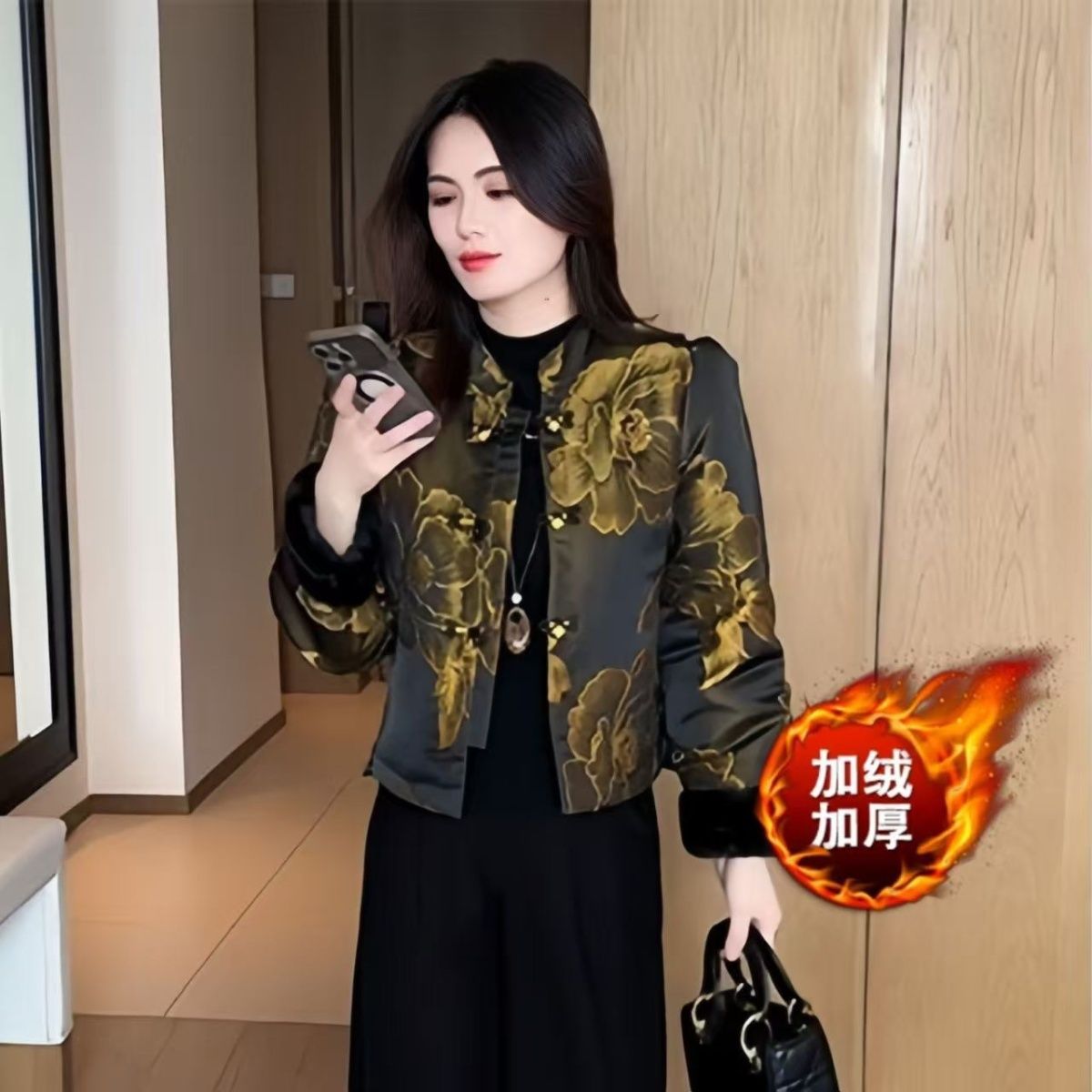 时尚中式国风印花短外套2025秋冬季新款洋气加绒加厚保暖外套上衣