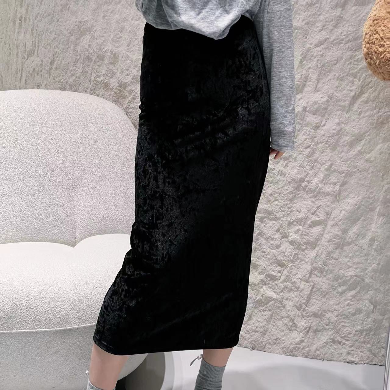 冰花丝绒款-直身透气简约半身裙-蕾丝半身裙气质高腰