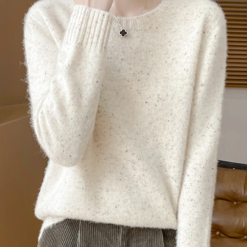花纱点点100纯羊毛衫女秋冬圆领简约宽松套头毛衣百搭针织打底衫