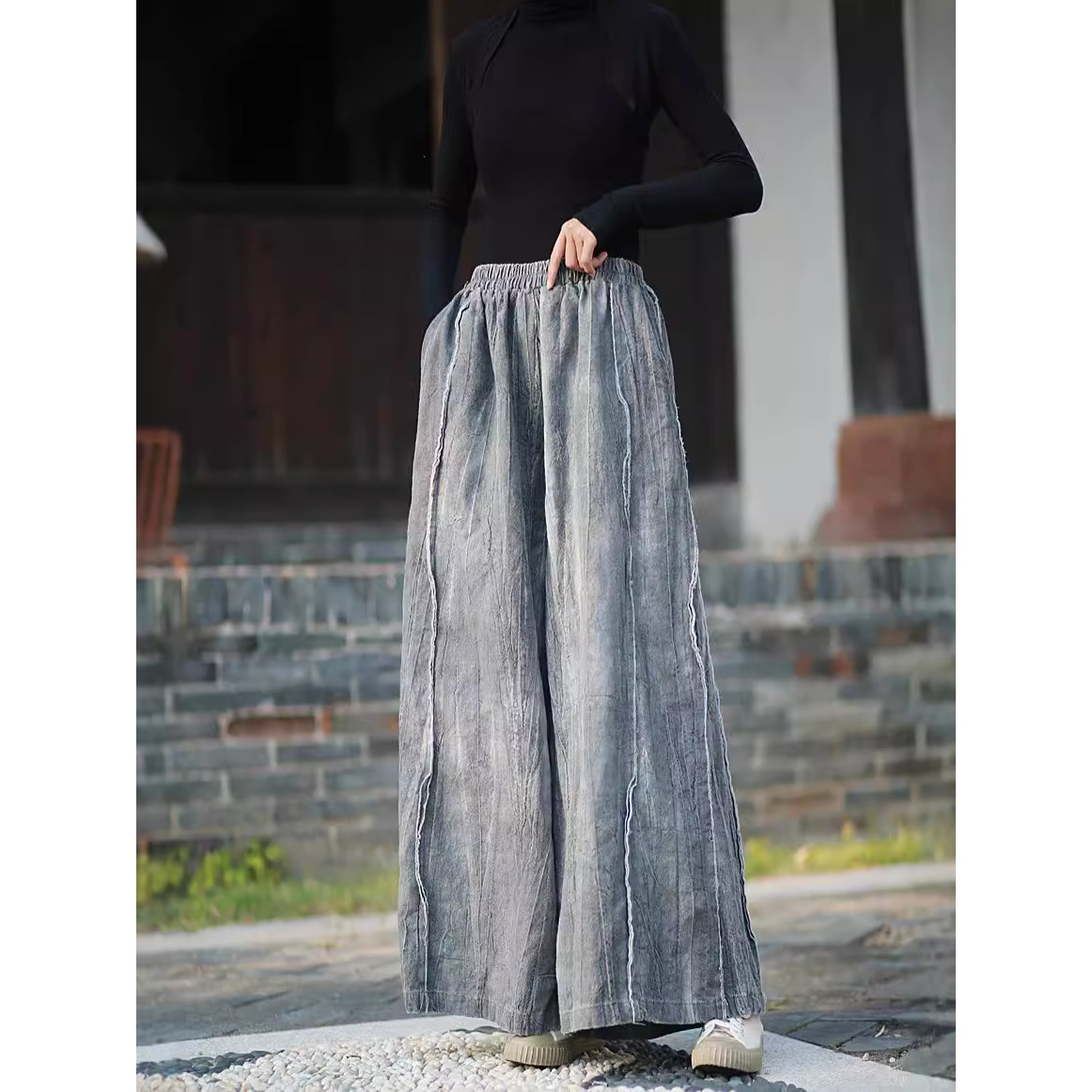 新款复古加厚高腰阔腿裤百搭松紧腰扎染炒色撕边设计款直筒裤