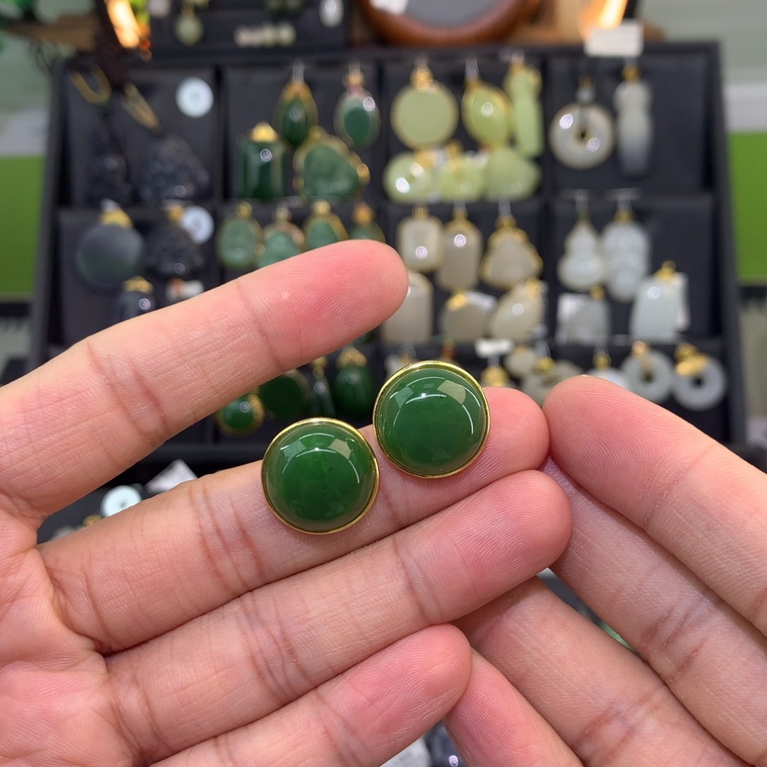 和田玉银S925镀金镶嵌耳饰