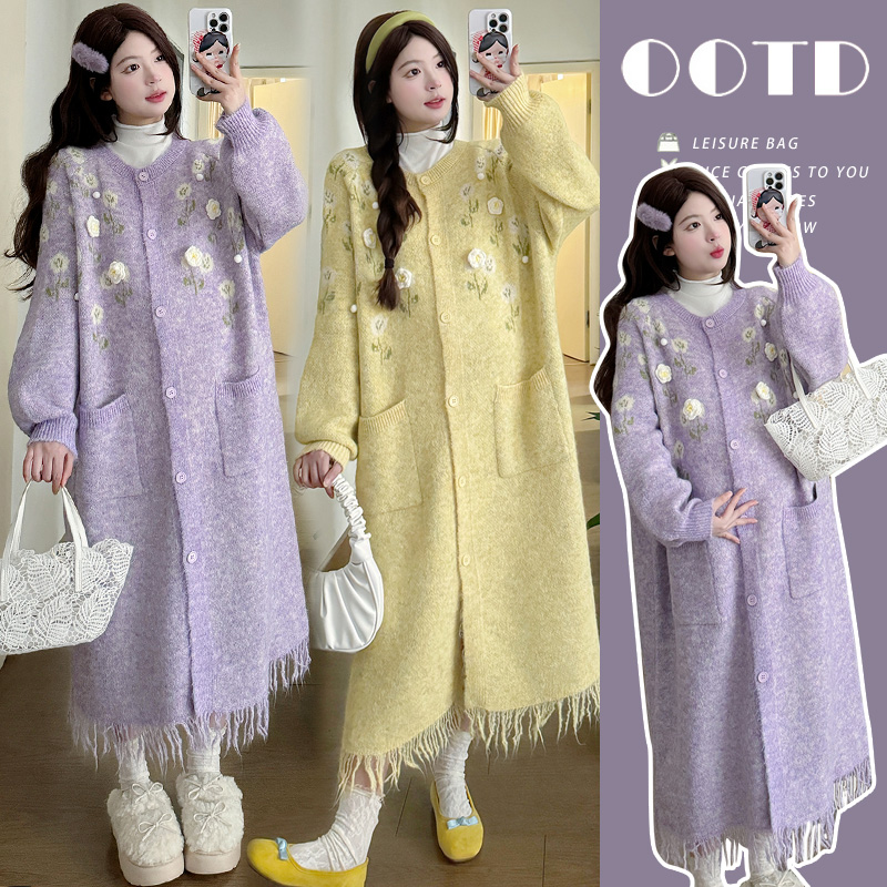孕妇装秋冬款冬季加厚宽松法式立体花流苏毛衣长款连衣裙外套套装