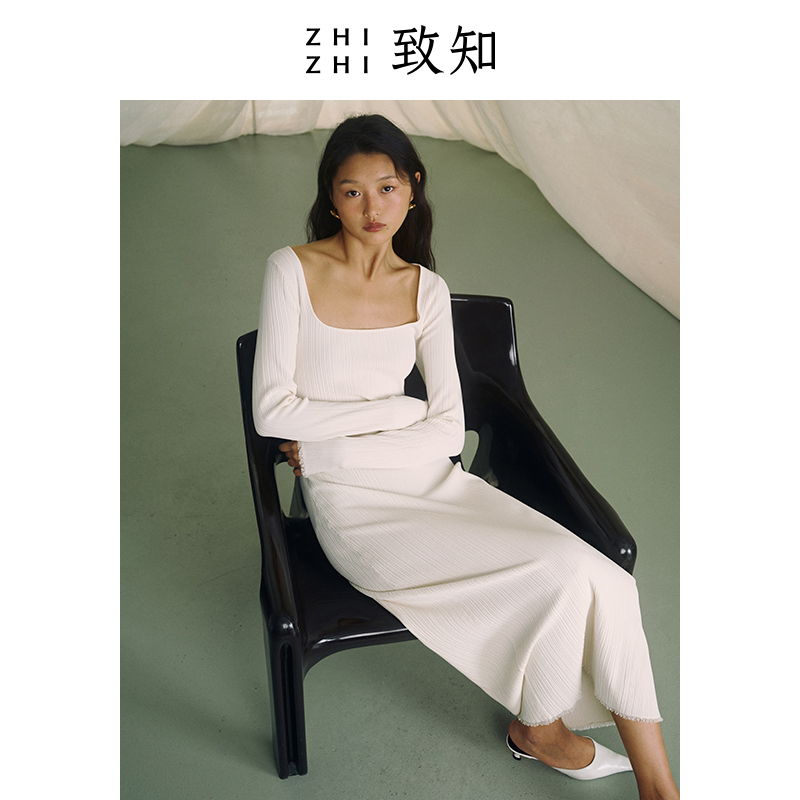 致知 折丹桂 不规则坑条肌理针织裙高弹2024年新款ZZ2DSKLL048