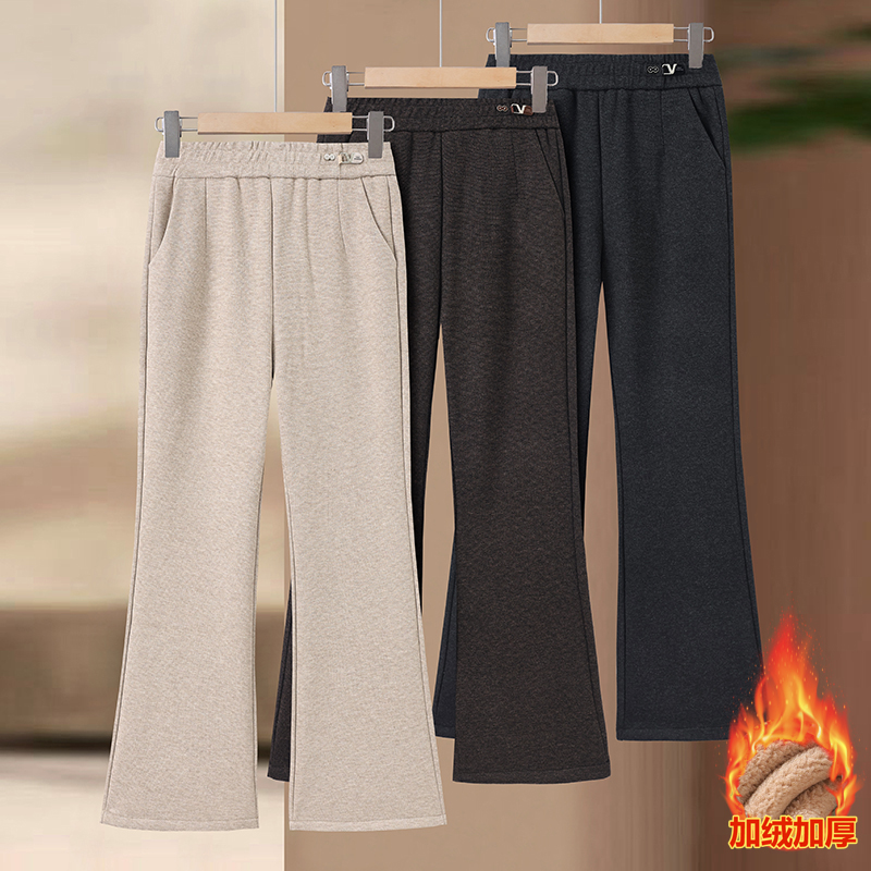 2025秋冬呢子高腰加绒微喇裤女保暖加厚妈妈休闲裤外穿洋气喇叭裤