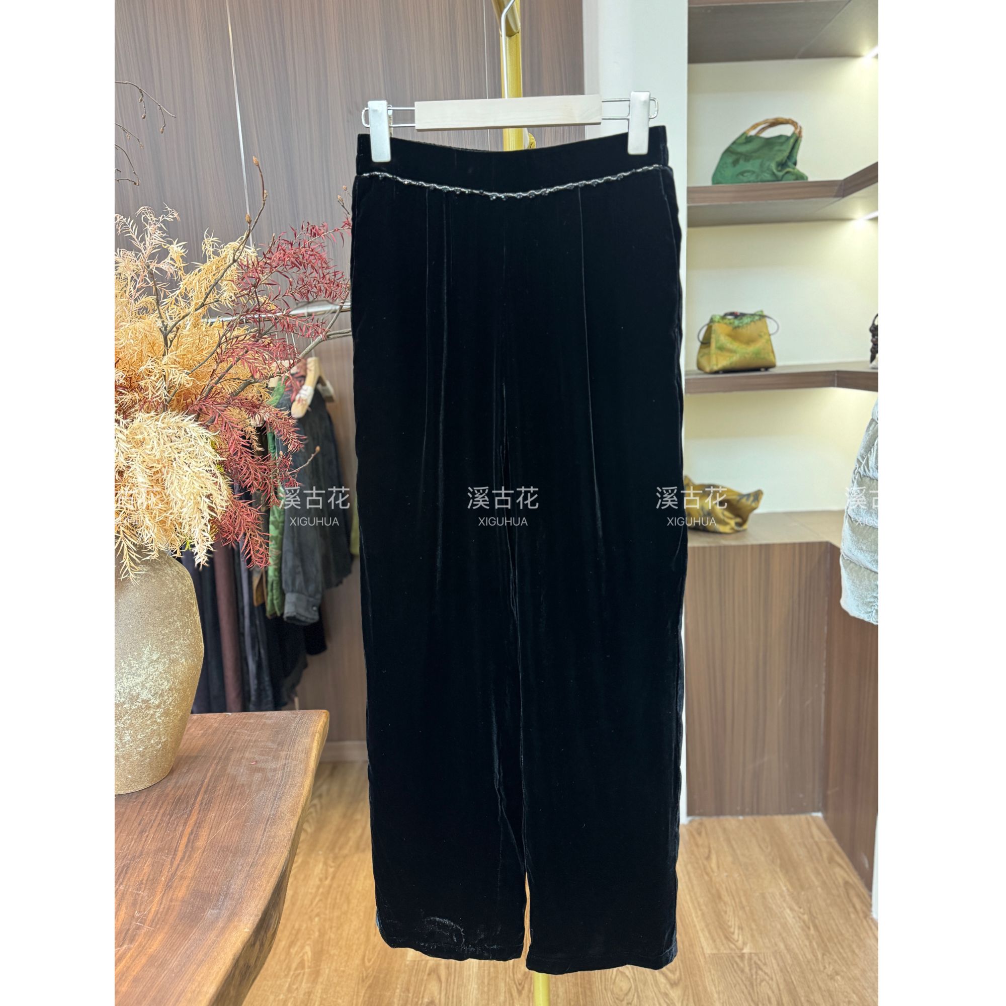 《钻石裤》2025秋冬新款桑蚕丝丝绒阔腿裤加绒加厚高级百搭带钻长裤