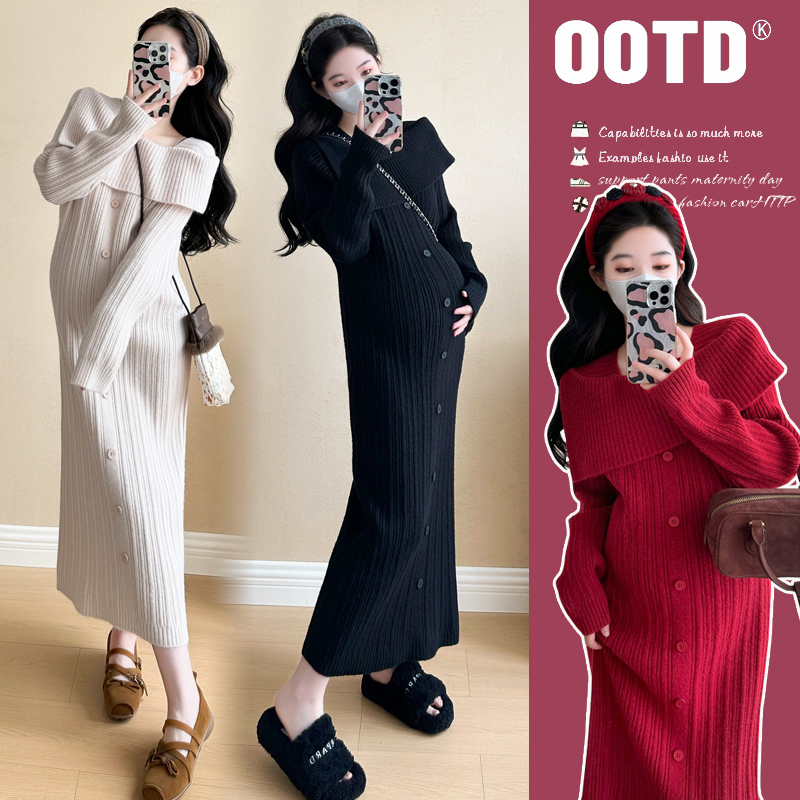 2026孕妇新款温柔慵懒风设计感一字领针织毛衣连衣裙