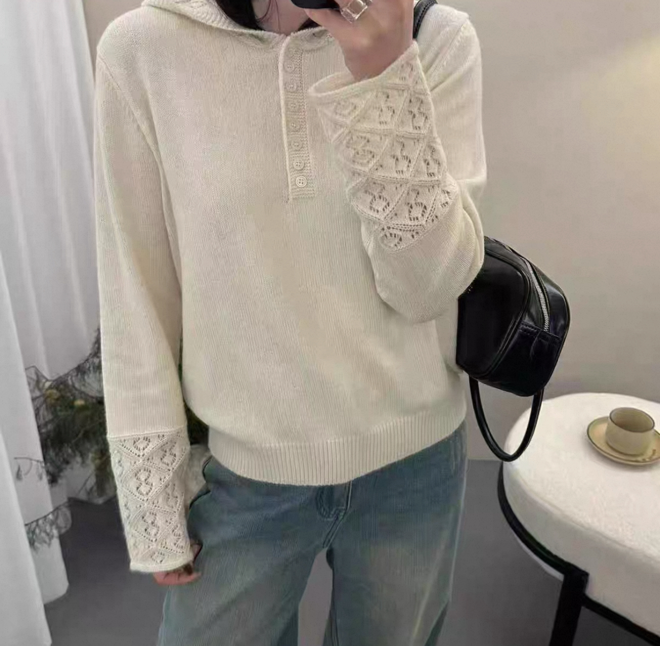 小朵家   ins穿搭#D300钩花帽衫 软糯百搭排扣钩花休闲毛衣帽衫